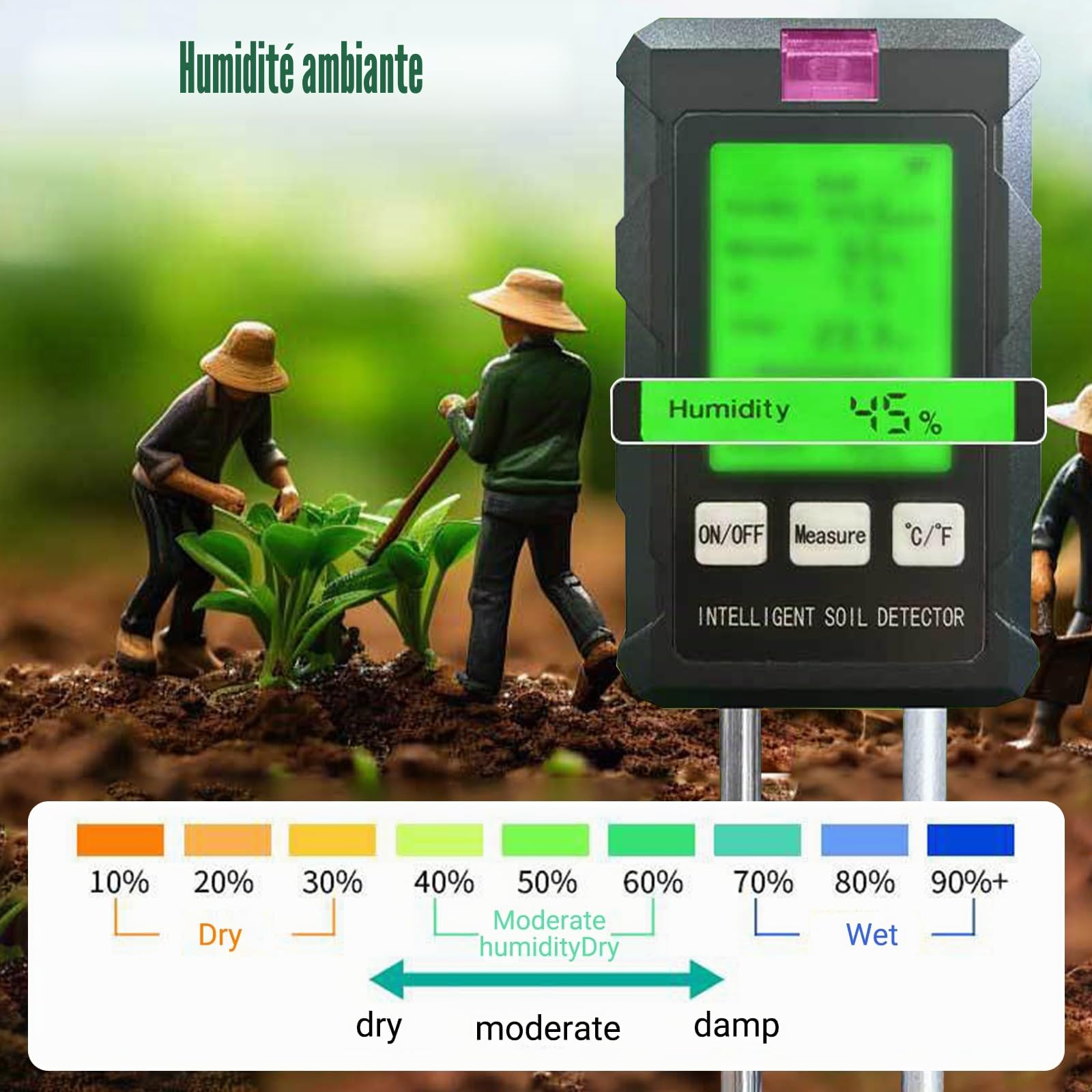 Testeur de pH du Sol 6 en 1, Hygrometre Plante pour Sol/humidité/ph/température/lumière/humidité ambiante, avec Double Sonde et Pliable à 90 ° écran LCD pour jardin pelouse et plantes d'intérieur