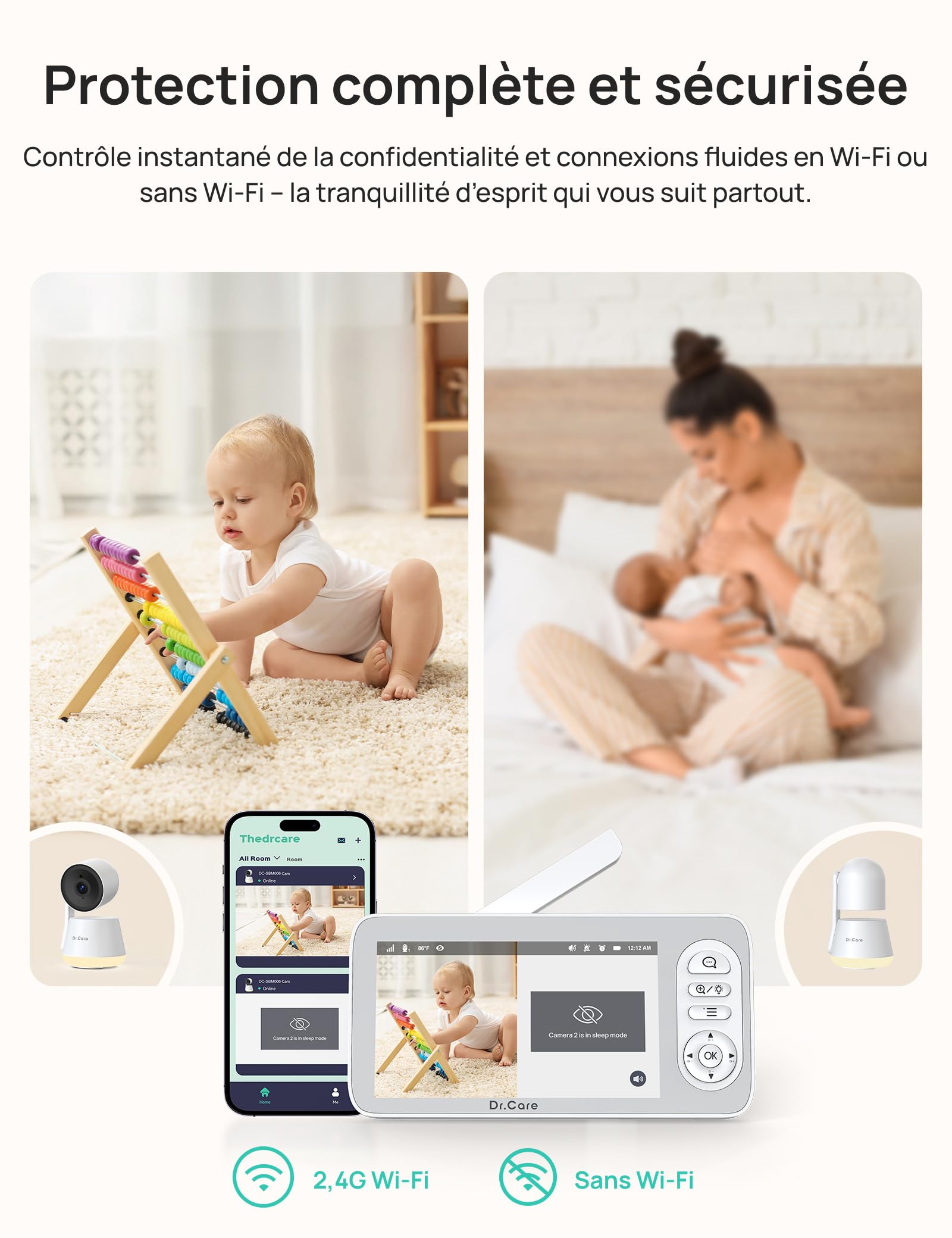 Dr.Care LumiView Plus Moniteur Bébé WiFi avec 2 Caméras – Écran 5,5" 1080P & 2K, Batterie Amovible 5000 mAh, Mode Confidentialité, Veilleuse RGB, Vision Nocturne HD, Alerte Pleurs & Mouvements
