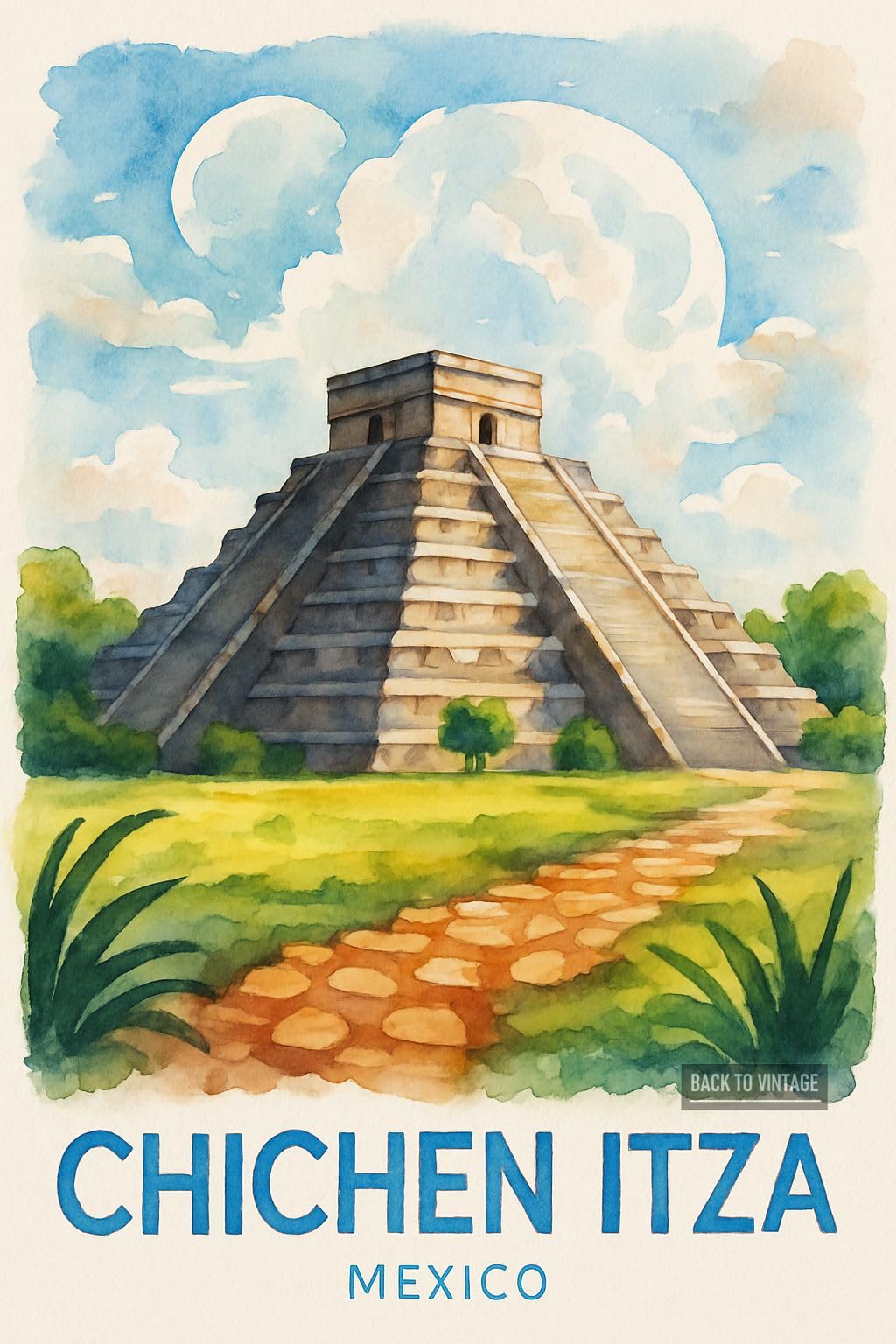 BACK TO VINTAGE Chichen Itza With Lush Vegetation - A4 Travel City Poster Wall Art Home Decor Art Print with Iconic Landmarks and Global Views for Culture Inspired