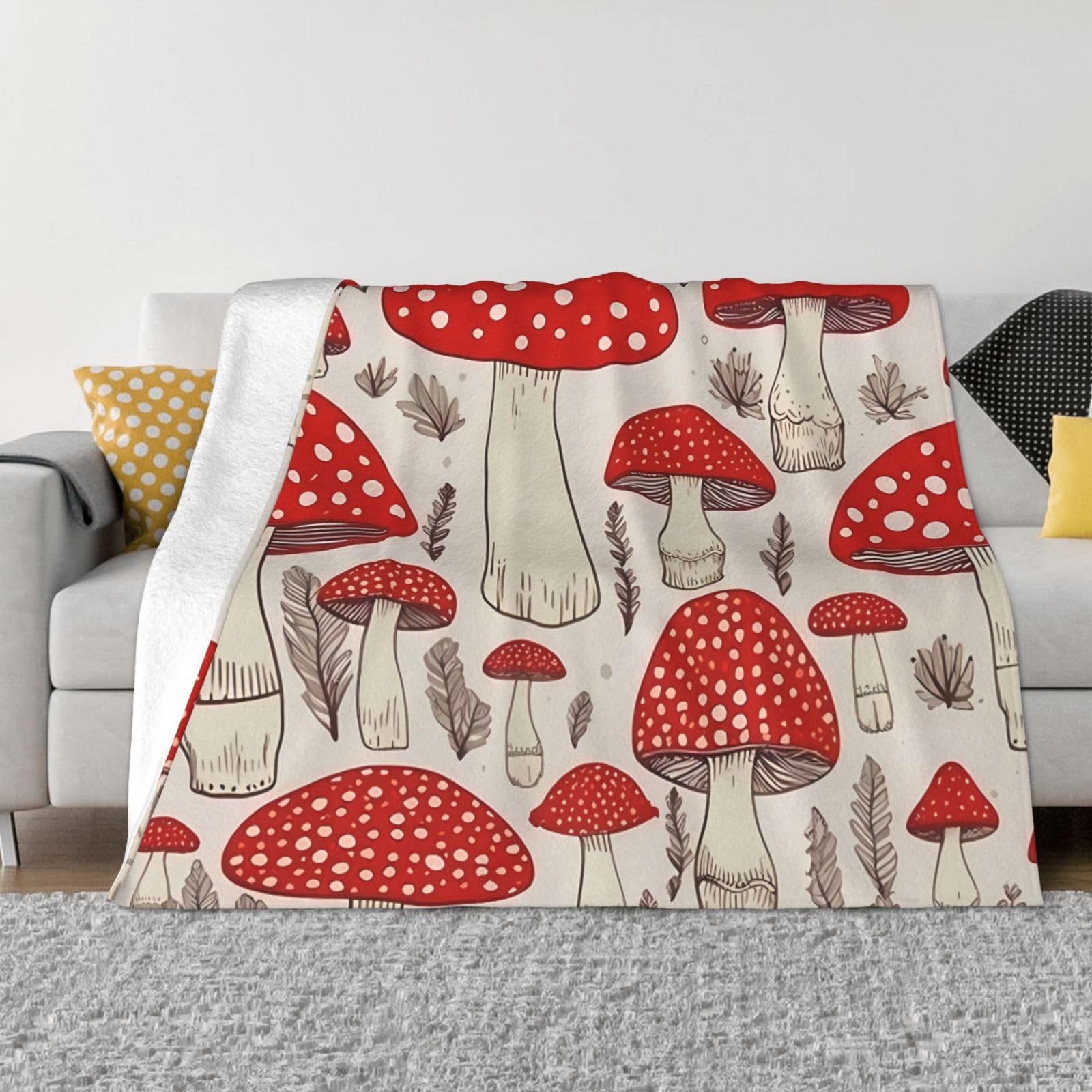 KLOPH Red White Mushroom Throw Blanket 50"x40" Flannel Fluffy Warm Blanket for Couch, Reversible Plush Blankets for Bed, Comfy Fuzzy Blanket for Sofa, Plush Lightweight-Blankets for All Season