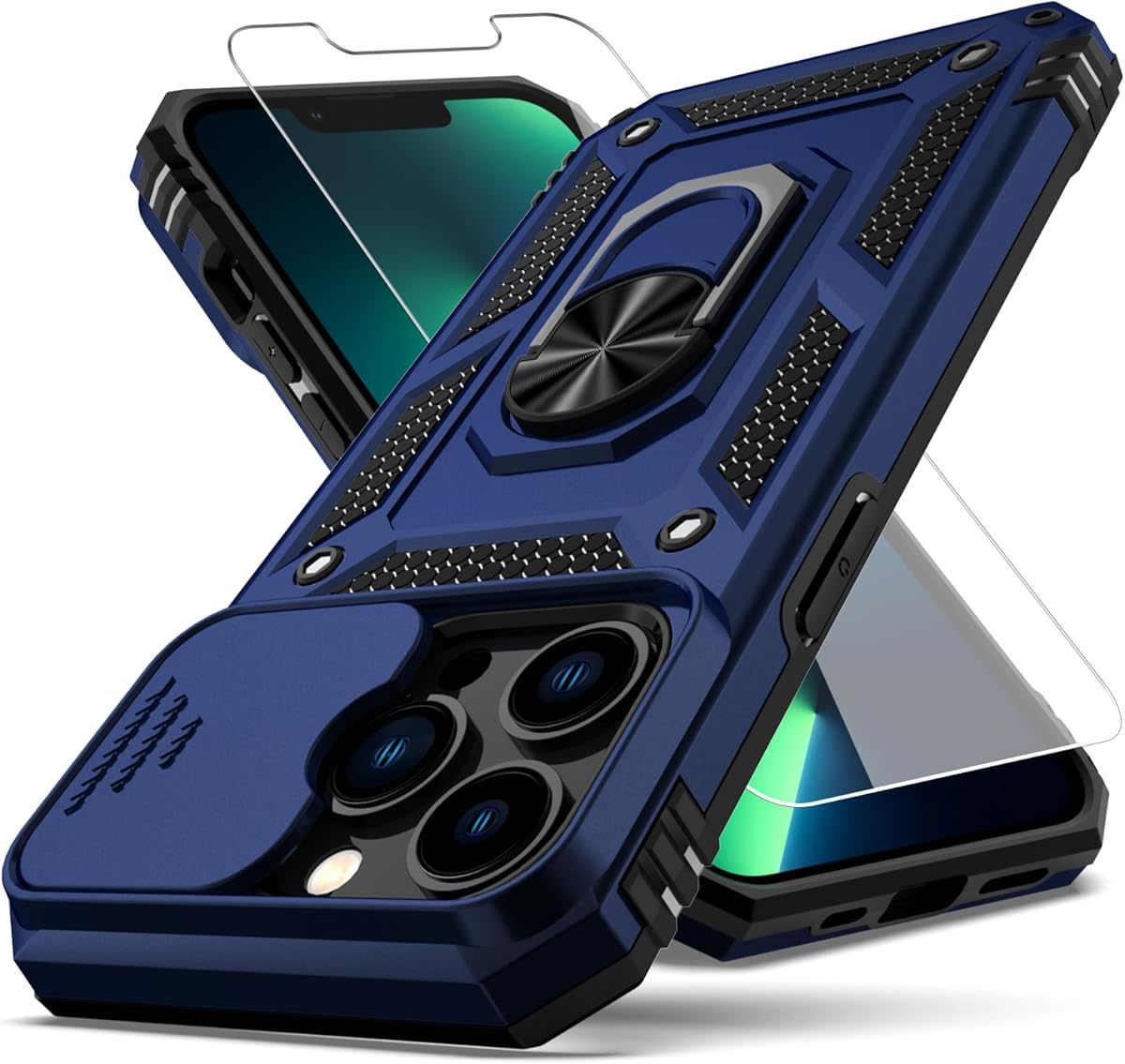 YZOK for iPhone 13 Pro Case,with Camera Lens Cover HD Screen Protector,[Military Grade] Ring Car Mount Kickstand Hybrid Hard PC Soft TPU Shockproof Protective Case for iPhone 13 Pro, Blue