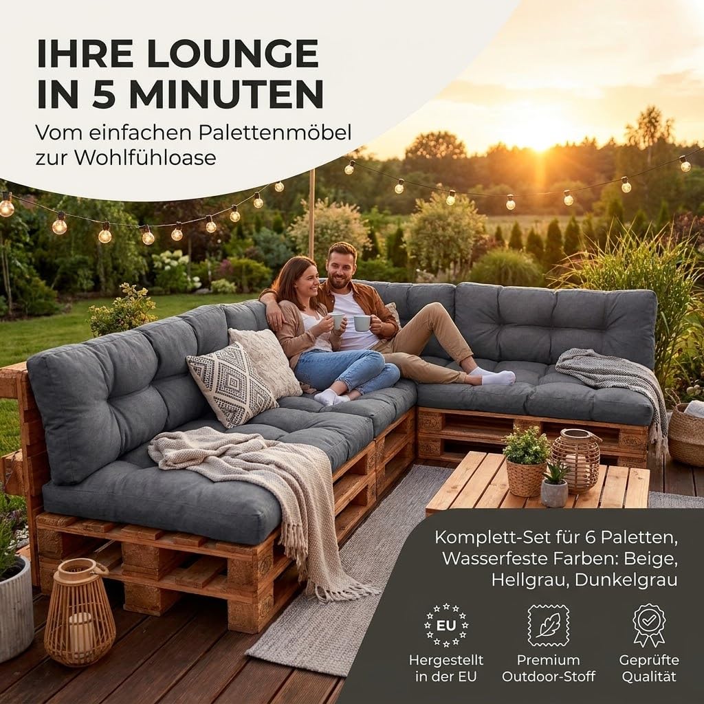 Wool & Home Palettenkissen Set für Gartenmöbel, 8-Teilig, Gesteppt, mit Polsterschaumfüllung, für Lounge, Palettensofa, Terrasse, Balkon und Garten Anthrazit