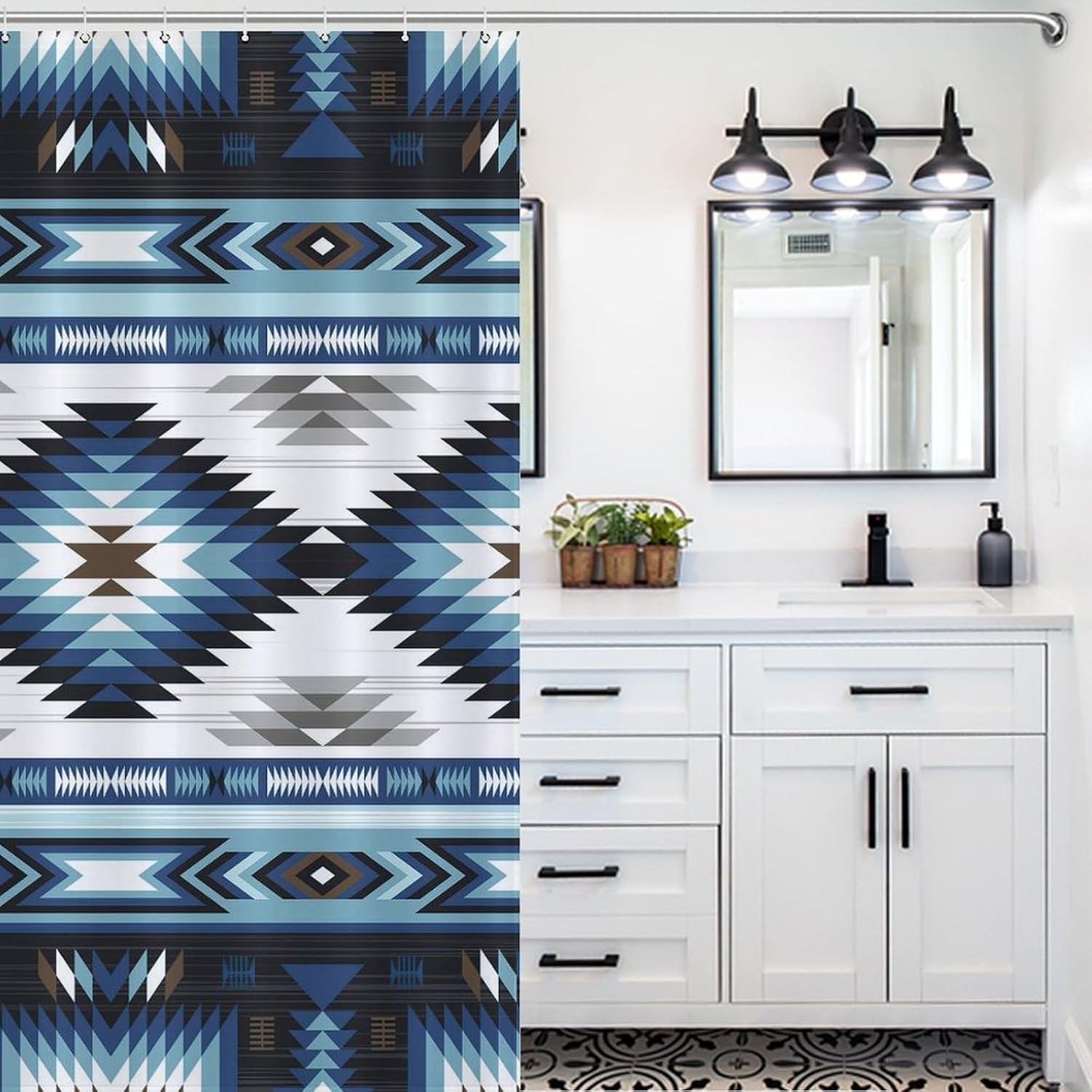 Aztec Shower Curtain, Vintage Native American Western Ethnic Tribal Abstract Geometric Pattern Shower Curtain Sets for Bathroom Fabric Bath Curtain 12 Hooks 55x72Inch（140x183cm）