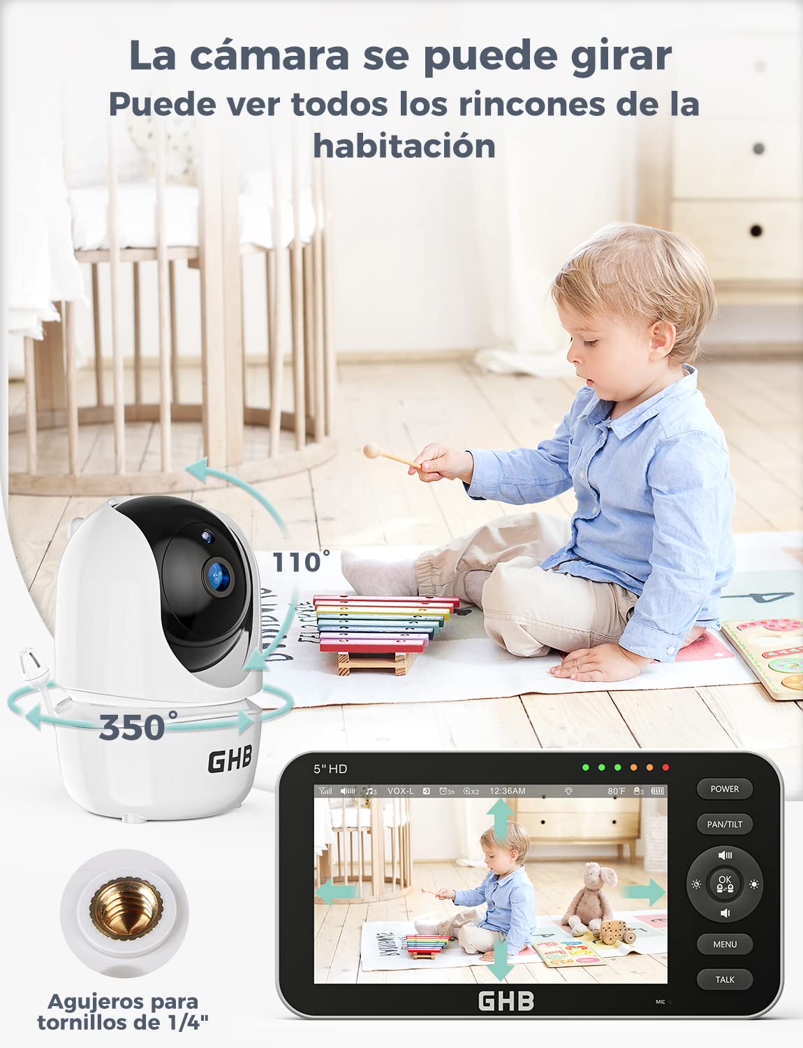 GHB Camara Vigilancia Bebe con 5" HD Pantalla Vigilabebés con Cámara, Batería de 4000mAh Pantalla Dividida, 4×Zoom, Visión Nocturna, Comunicación Bidirecciona Escucha Bebes