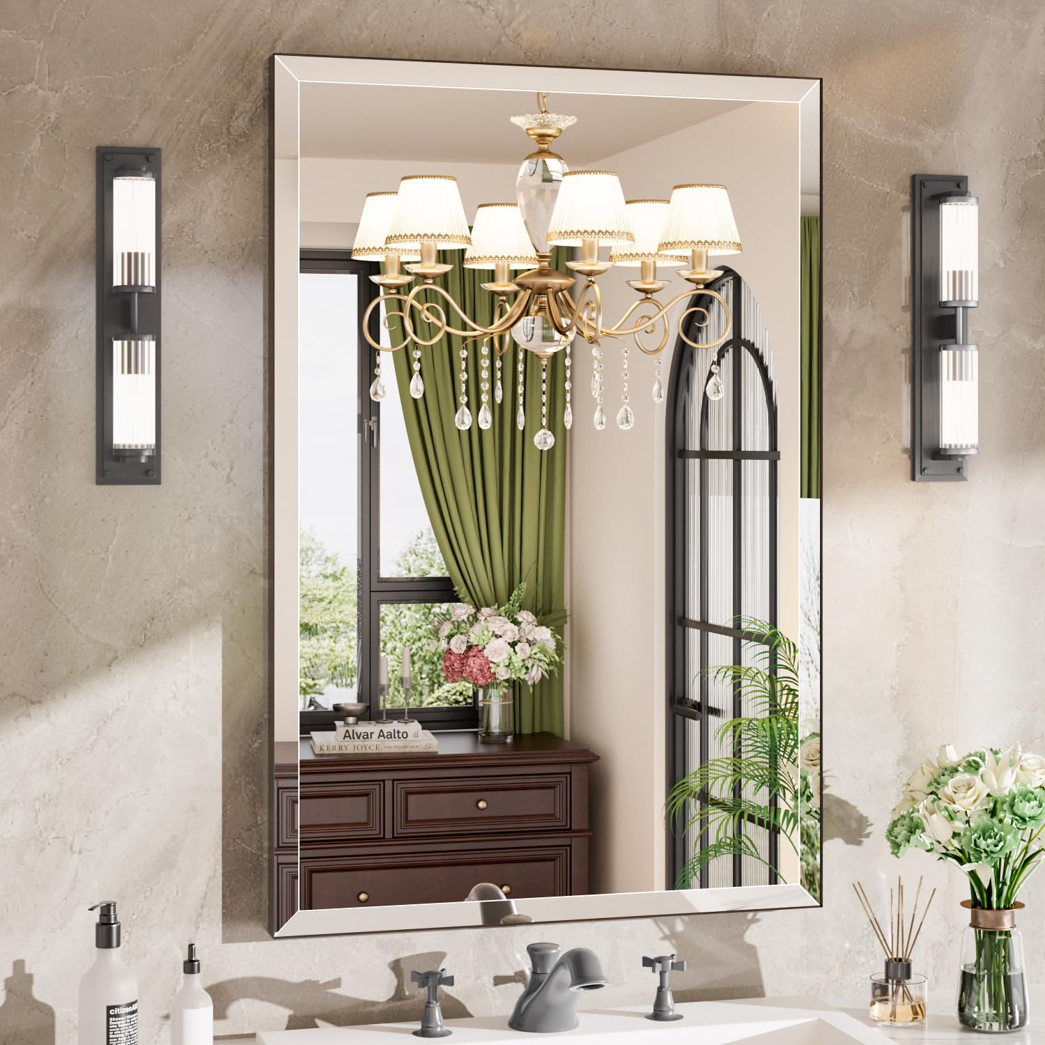 MZON 30x36 Bathroom Vanity Mirror for Wall with Beveled Edge, Ultra-Thin Metal Frame HD Mirror, Rectangular Wall Mounted Mirror for Bathroom Sink, Vertical or Horizontal, Black
