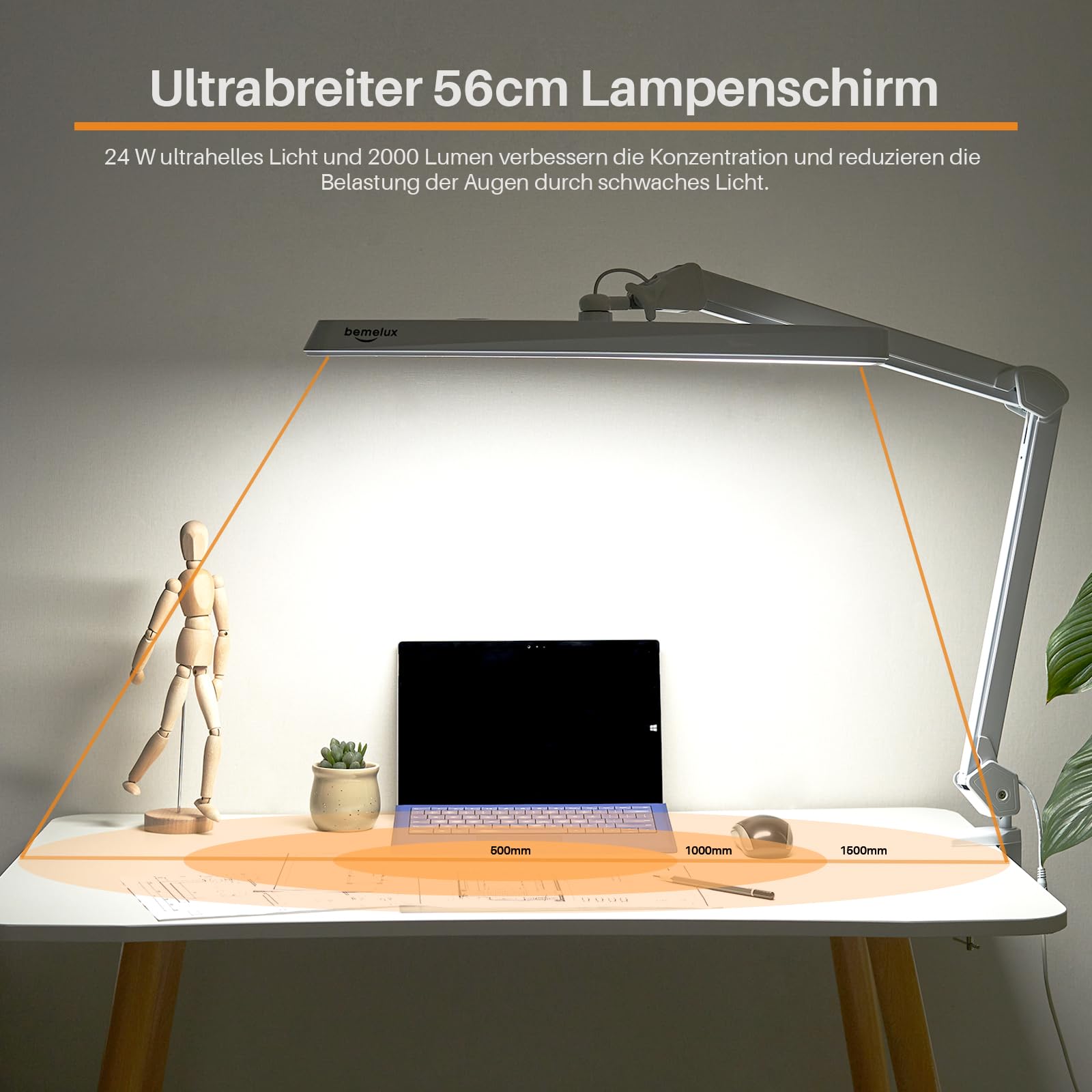 Drehbare LED-Schreibtischlampe mit Klemme, 24W, 2000 Lumen, 56cm-Ultra-Wide-Lampenschirm, 234 SMD-LEDs, 5 Helligkeitsstufen, 5 Farbtemperaturen einstellbar (Weiß)