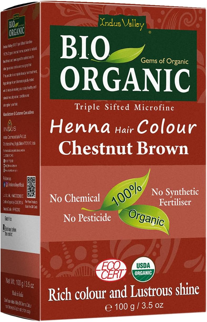 Indus Valley Bio Organic Natural Chestnut Brown Henna Hair Color For Grey Hairs -100gm