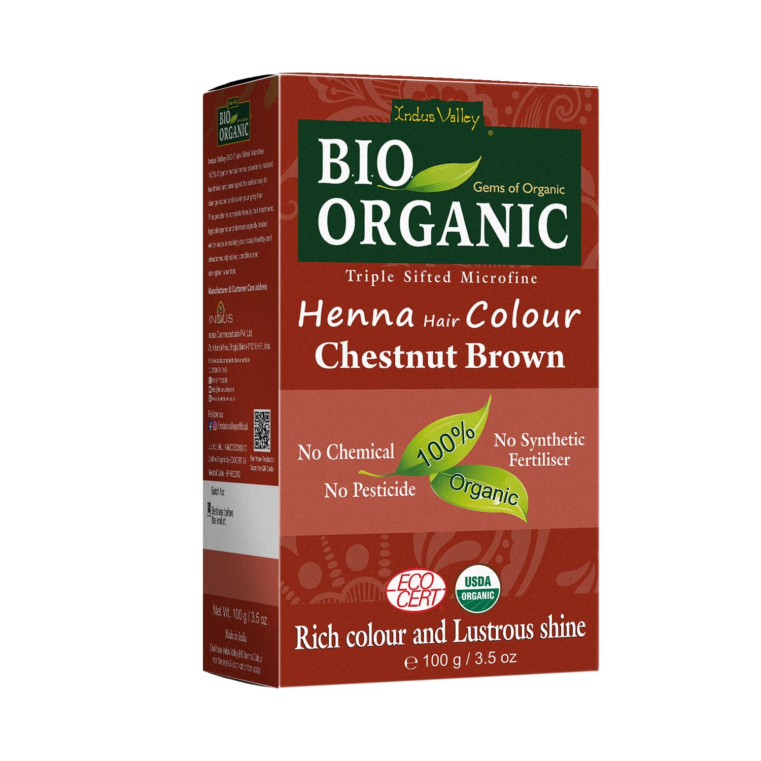 Indus Valley Bio Organic Natural Henna Hair Color For Grey Hairs -100gm (Chestnut Brown)USDA Organic