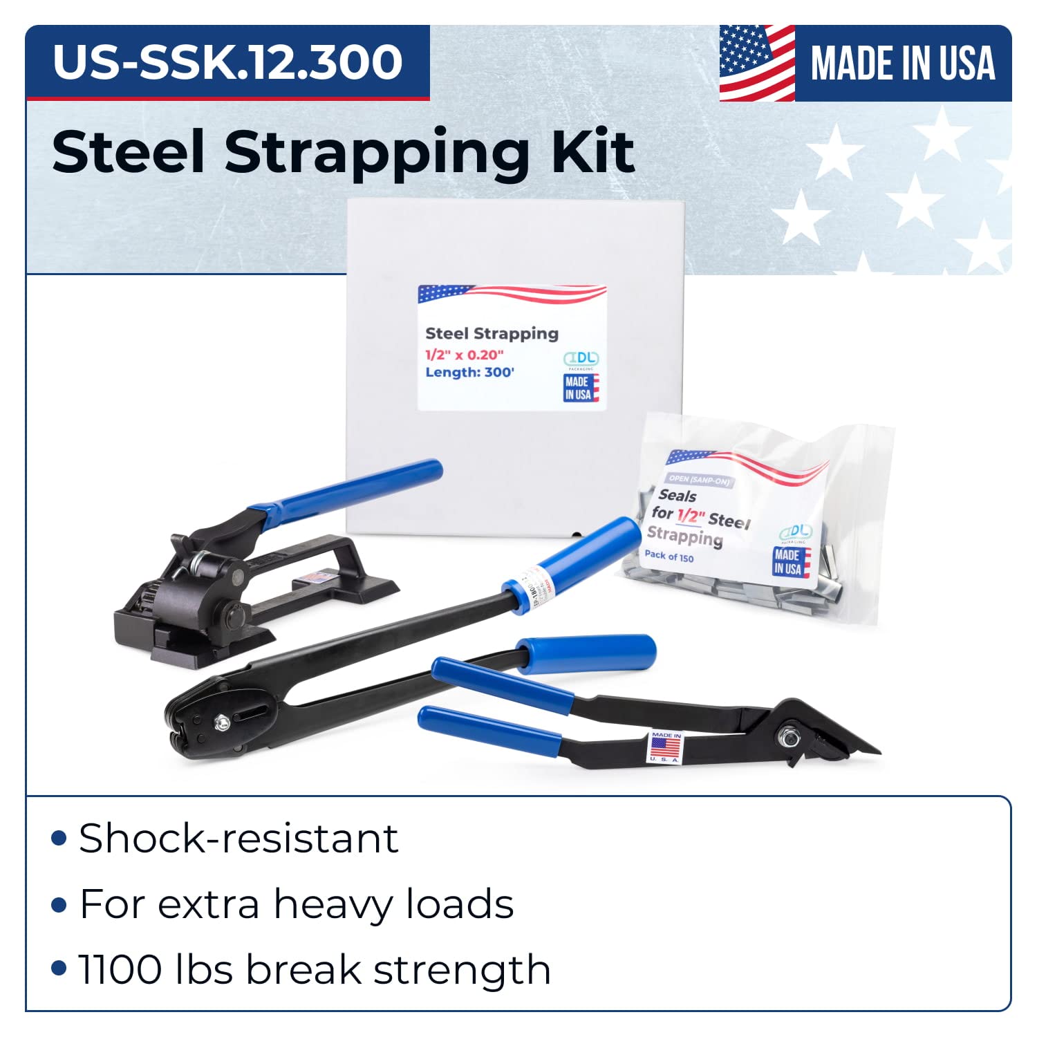 IDL Packaging USA Made 1/2" x 300' Steel Strapping Kit, 1100 lbs Break Strength – Reliable Tools from Domestic Manufacturer – Enough Strapping and Seals for 150 Uses Before Refill