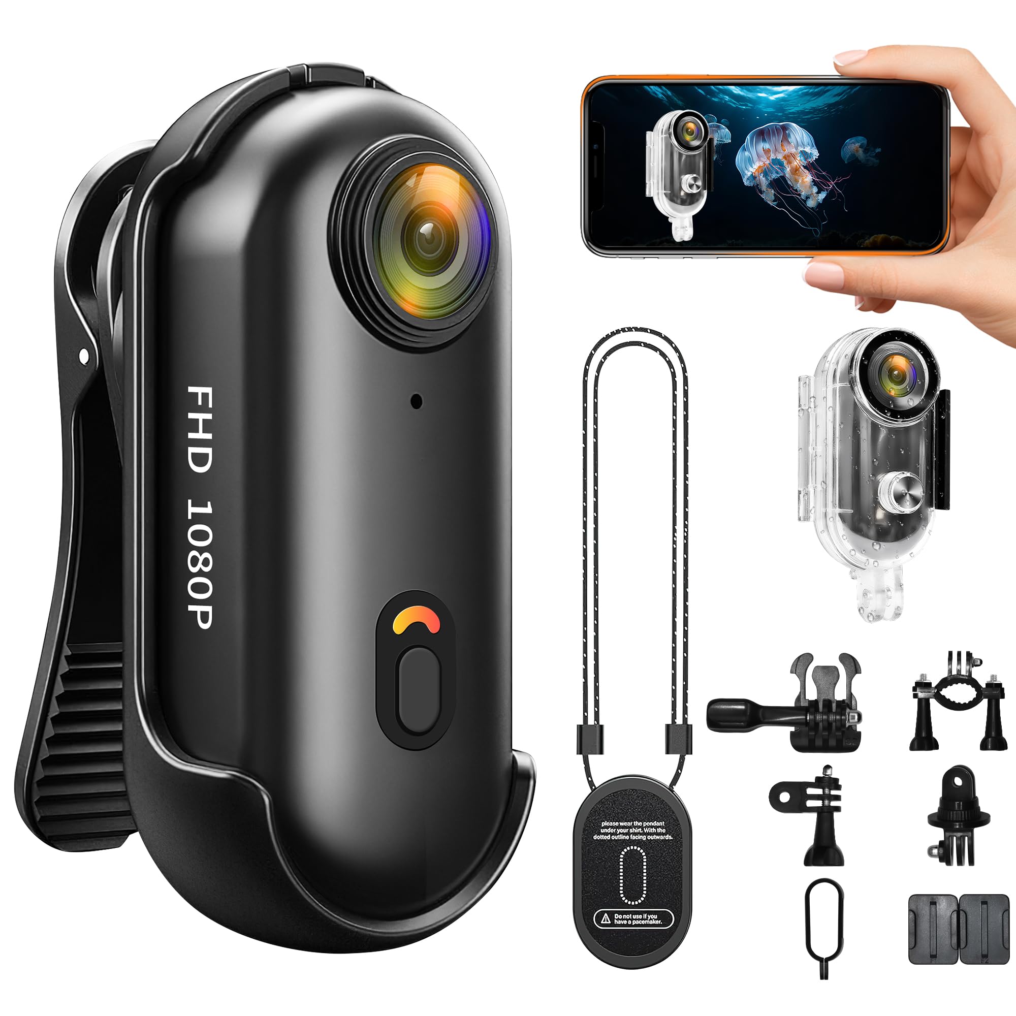Mini Action Cam WiFi, Indossabile Body Cam 1080P, Thumb Bodycam Telecamera Casco, Fotocamera Subacquea Piccola, Controllo Delle APP, Videocamera da Pollice e Accessori Fotocamera