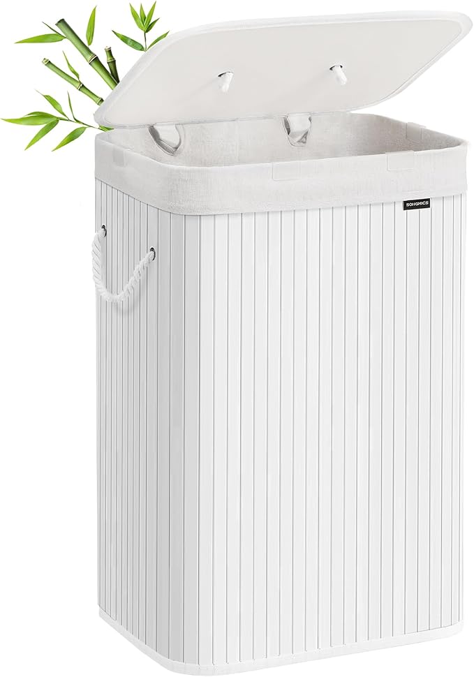 SONGMICS Cesto de la Ropa Sucia con Tapa, 72 L, Cesta de Lavandería de Bambú, Plegable, con Bolsa Lavable Extraíble, Asas, para Lavandería, Dormitorio, Blanco LCB010W01