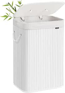 SONGMICS Cesto de la Ropa Sucia con Tapa, 72 L, Cesta de Lavandería de Bambú, Plegable, con Bolsa Lavable Extraíble, Asas, para Lavandería, Dormitorio, Blanco LCB010W01
