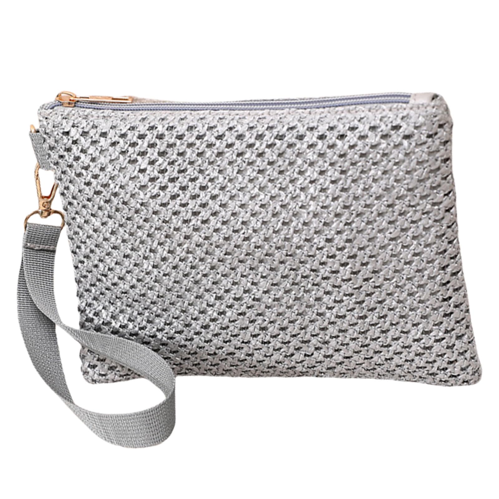 CEHTK Woven Straw Handbag for Women Casual Beach Vacation Small Envelope Bag with Wristlet Zippered Wallet Purse Silver
