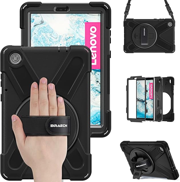 BRAECN Case for Lenovo Tab M8 HD 3rd Gen/2nd Gen 8 Inch 2022/2019, Sturdy and Durable Shockproof Protective Cover with 360°Rotating Hand Strap/Stand and Shoulder Strap TB-8506F/8505X/8505F - Black