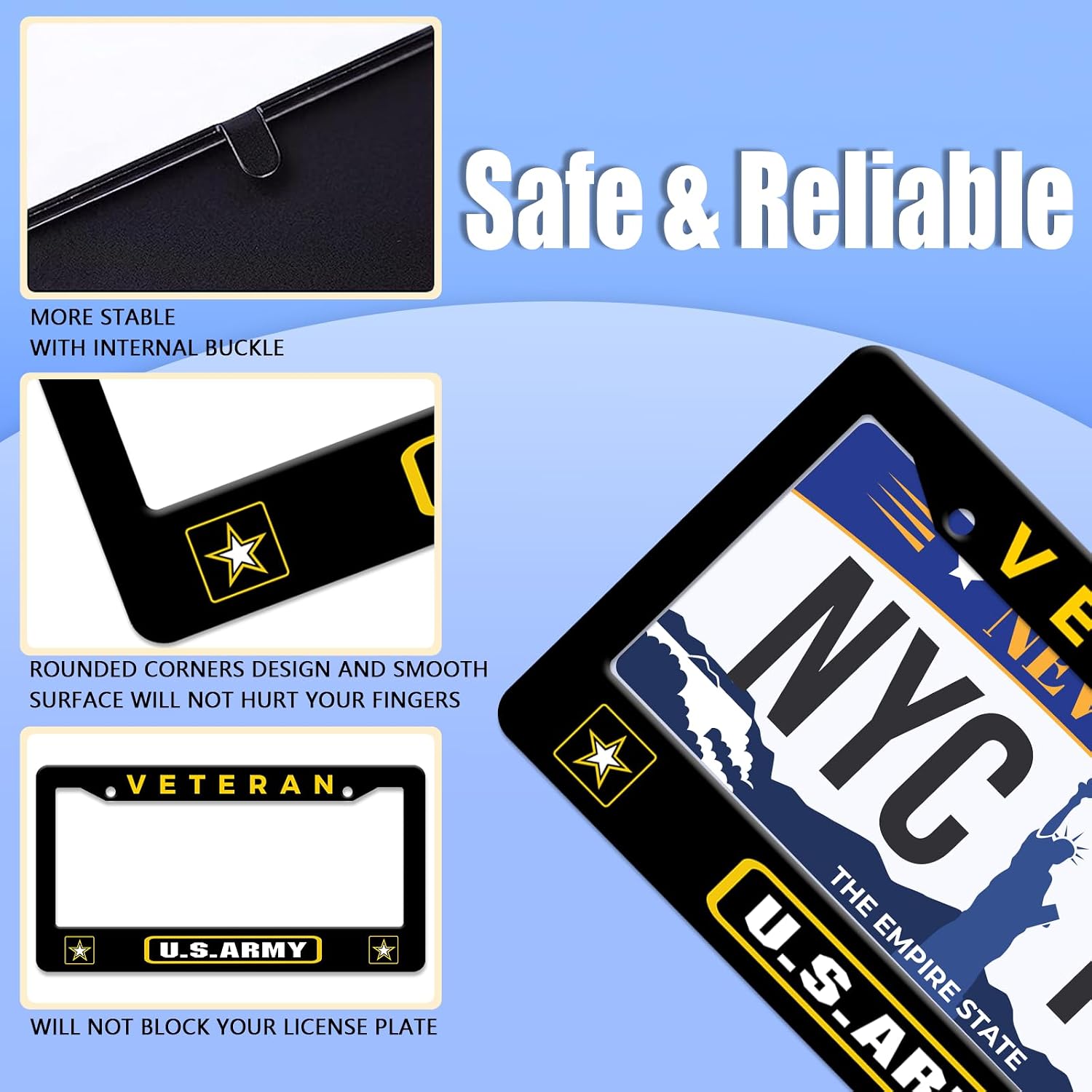 License Plate Frame Veteran U.S. Army License Plate Frame America Military Badge Rust-Proof Waterproof Stainless Steel with Screws for Men Women 12.2 x 6 Inches