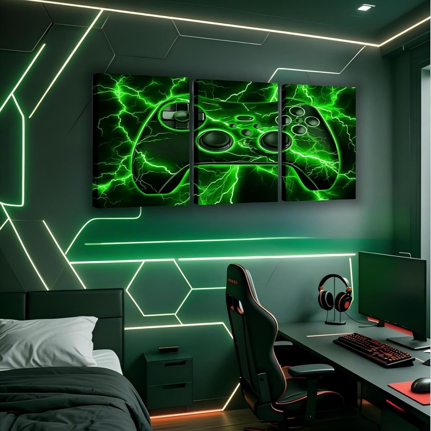 Erosebridal Gamer Canvas Wall Art Set of 3, Gaming Artwork Posters Video Game Console Green Lightning Bathroom Pictures Wall Decor 16" L x 12" W Each,Boys Bedroom Decor