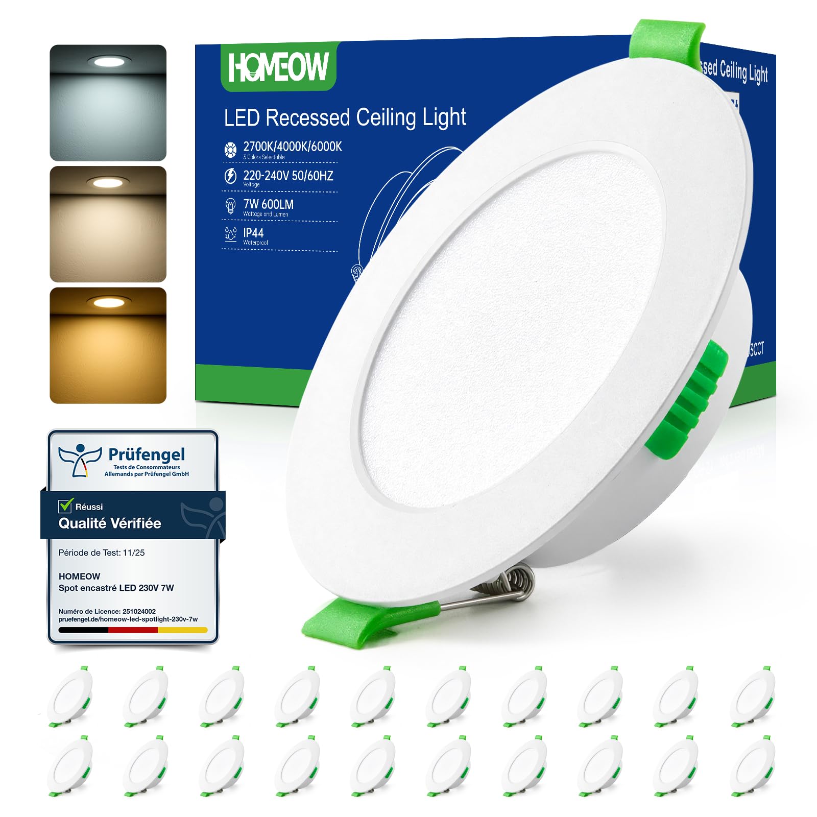 HOMEOW Lot de 20 Spots LED Encastrable 7W 220V IP44 Reglable Blanc Chaud 2700K Blanc Neutre 4000K Blanc Froid 6000K Trou Φ 75-90mm