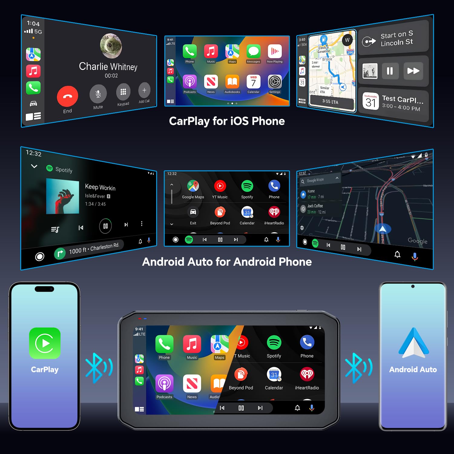 CarPlay Moto Android Auto avec Camera Étanche, 2K Dashcam Moto Avant et Arrière, Écran Tactile 6.25" avec GPS, TPMS, Télécommande, Carte TF 64 Go