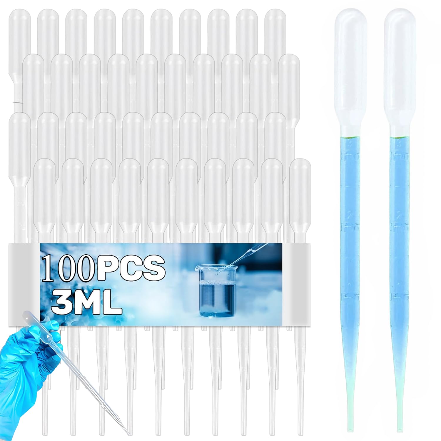 100 pipet, 3 ml, jednorazowe pipety z tworzywa sztucznego, ze skalą, do eksperymentów laboratoryjnych, do eksperymentów w klasie, perfumy, olejki eteryczne