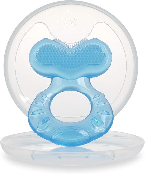 Nuby Teethe-eez souple en silicone | Anneau de dentition en silicone avec surface pour masser les dents | étui hygiénique inclus | Bleu | +3 Mois - 2