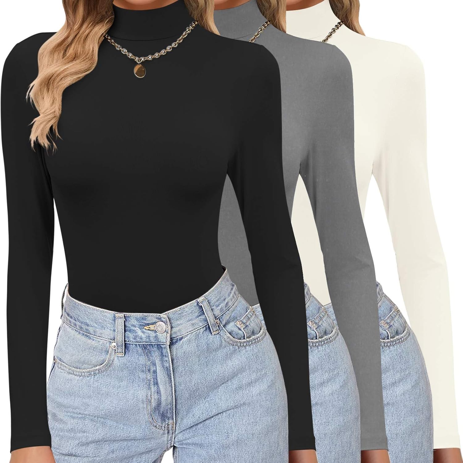 Ekouaer Women's 3 Pack Turtleneck Shirts Long Sleeve Mock Tops Lightweight Basic Layering Thermal