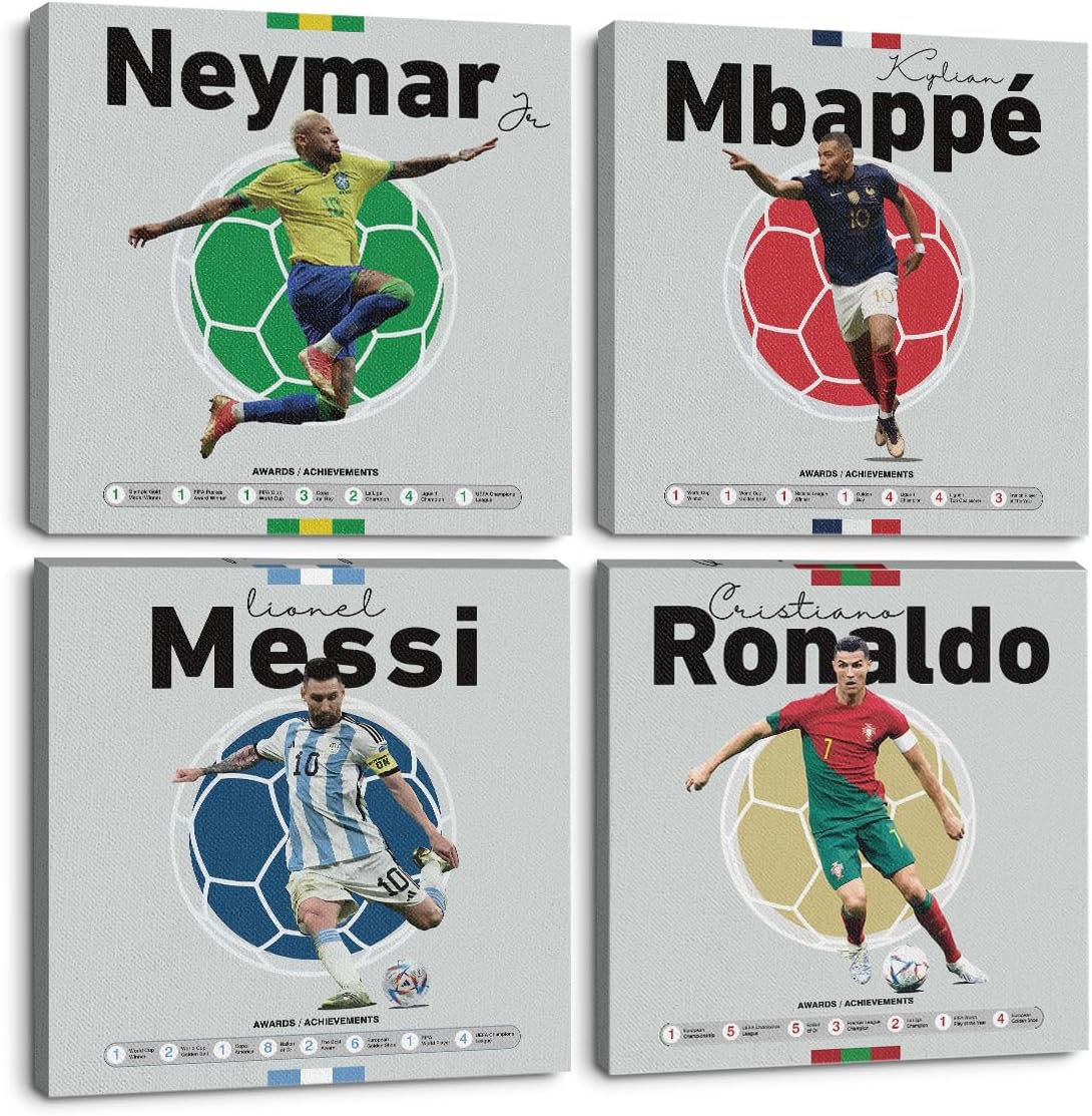 4PC Canvas Wall Art Framed Art Famous Soccer Superstar Room Decor Inspirational Sports Paintings Soccer Gifts Wall Decor Prints Picture for Boys Room Sports Club Bar Bedroom Home Decor 7.9x7.9 inch