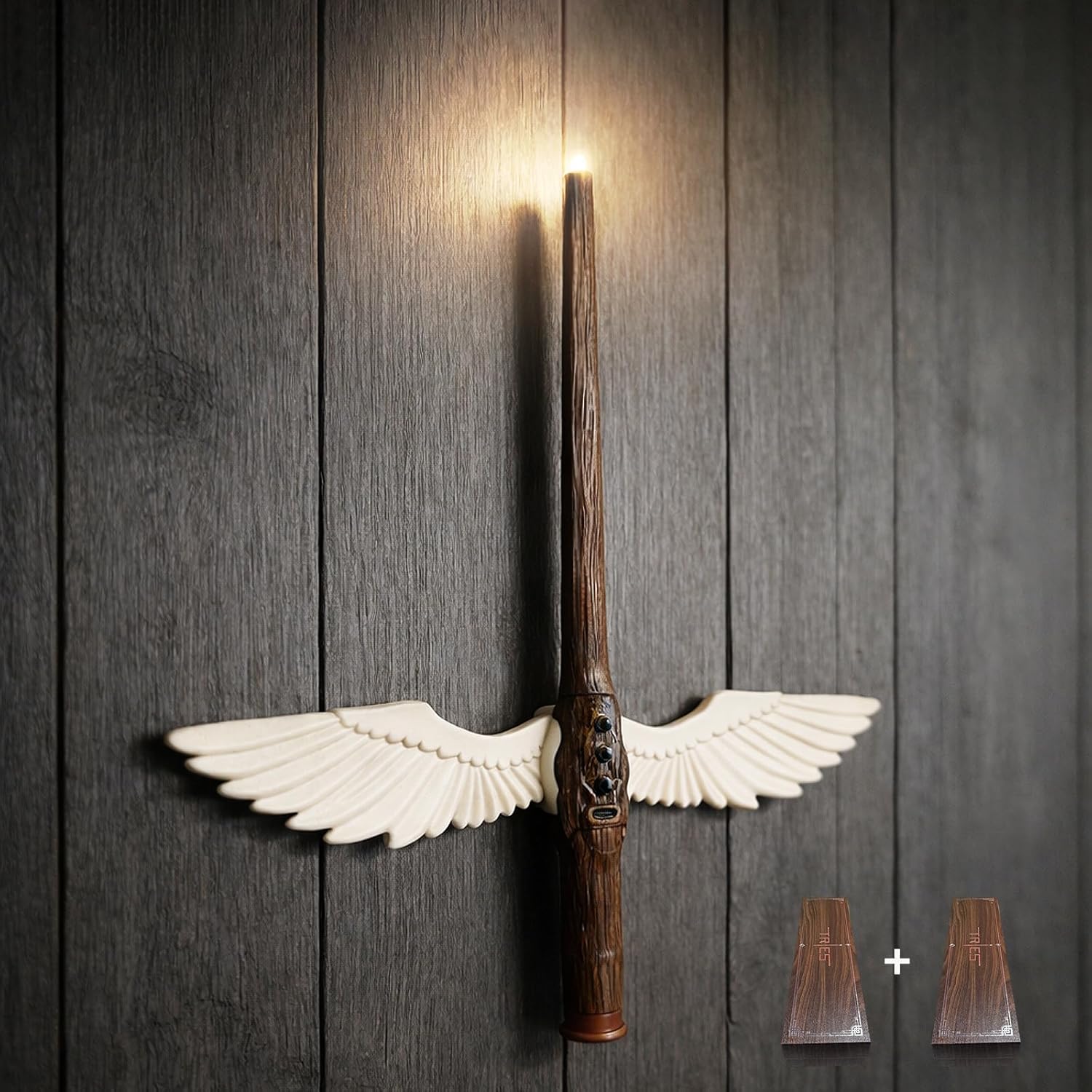 Tries Wizard Wand with Four Dynamic Red/Pink/Orange/Green Light Effects & Magnetic Wing Base: Rechargeable, Wall-Mountable Display, Gift Box for Cosplay Party Birthday, 2Pack