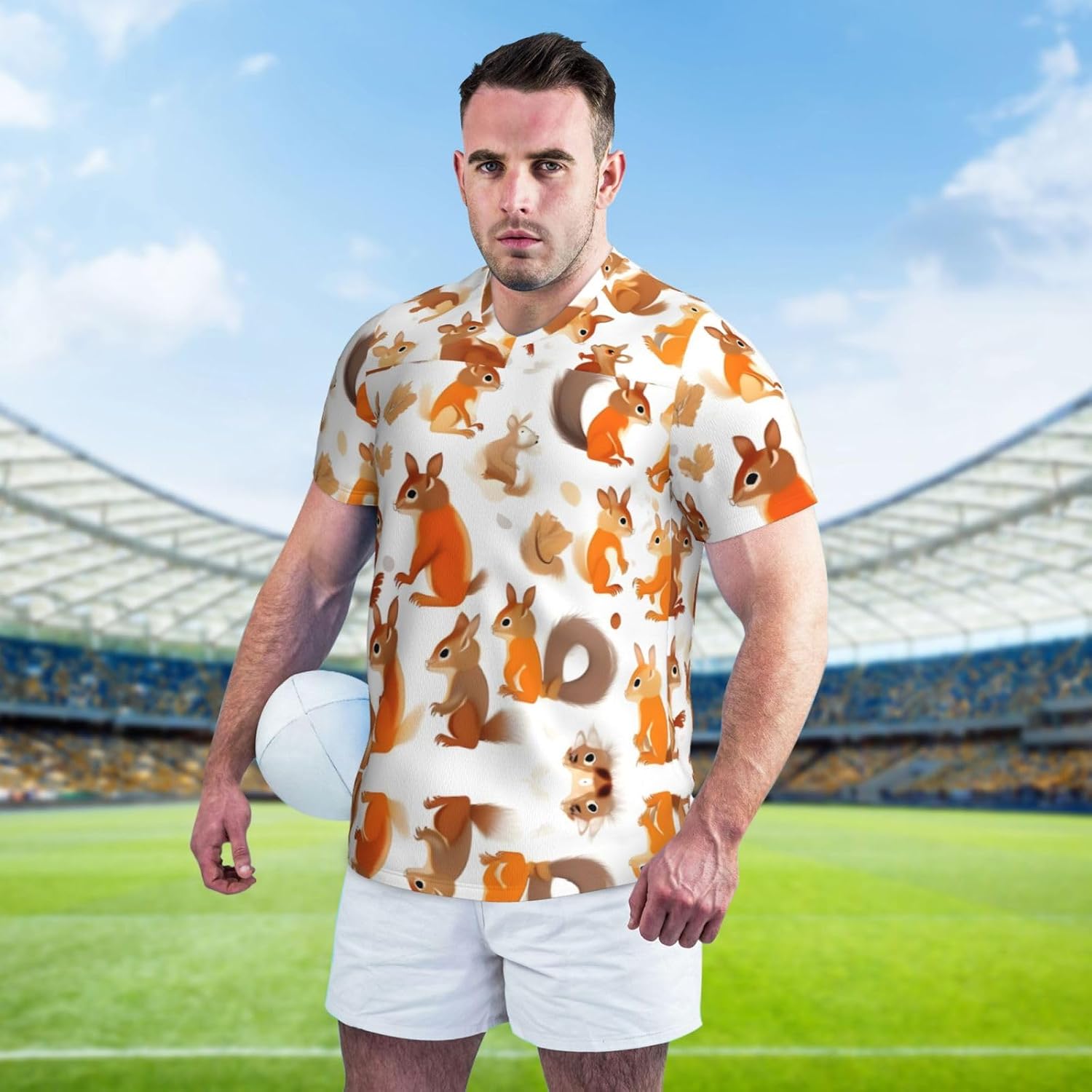 Cute Squirrels Rugby Football Jersey for Men, Comfortable V-Neck Loose Fit Top for Team Sports Athletics