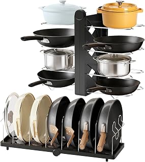 CEHNCEH Foldable Pots and Pans Organizer Under Cabinet 28.5" L x 9.1" W x 9.9" H Expanded, Folds Flat Adjustable 8-Tier Stainless Steel Dividers Kitchen Cabinet Cookware Baking Frying Rack (Black)