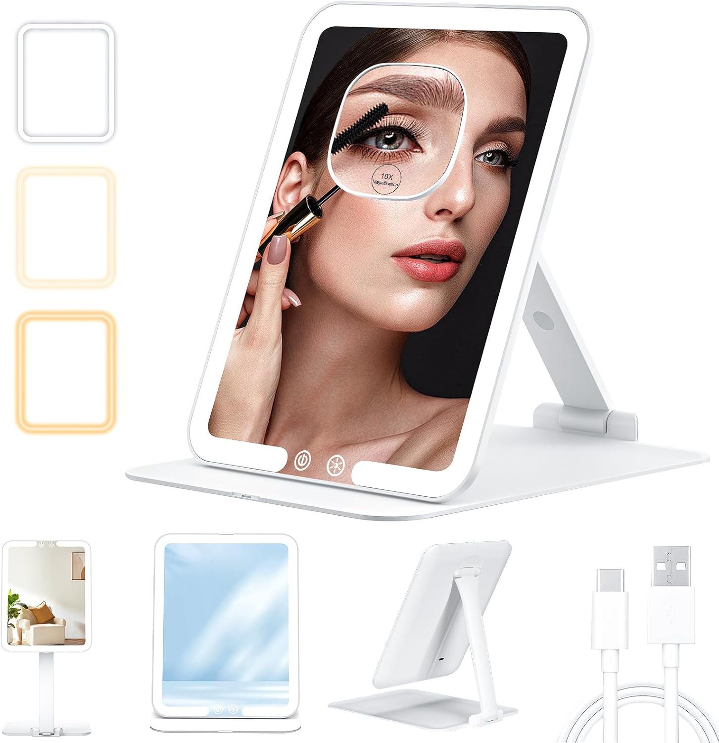 Travel Makeup Mirror with Light, Portable Folding Make Up Tabletop Mirror with 3 Colors Light Modes & 10X Magnifying Mirror, Rechargable Vanity Mirrors with Adjustable Stand