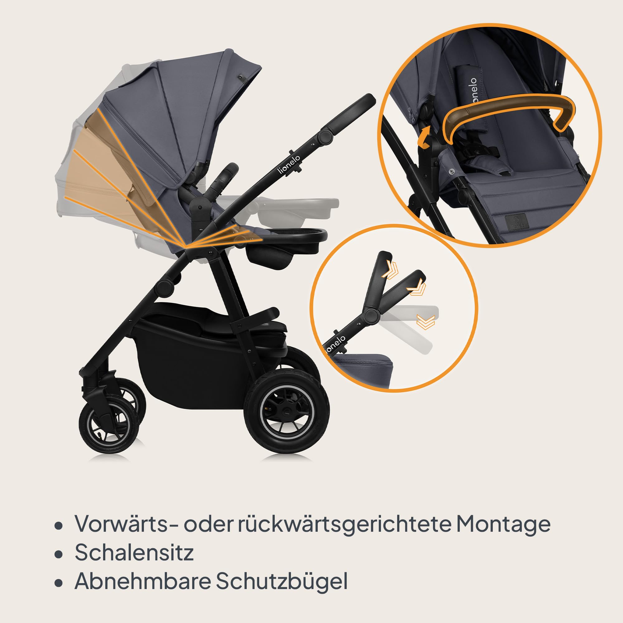 LIONELO AMBER PLUS 3-in-1 Multifunktionaler Kinderwagen von 0 bis 4 Jahren bis 22 kg mit XL-Babywanne, Kindersitz bis 13 kg, verstellbare Rückenlehne, große 360o Geländeräder, XXL-Verdeck