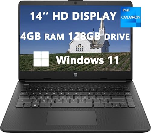 HP 2024 14 HD LED Laptop con pantalla LED, Intel Celeron N4120 (4 núcleos), 4 GB de RAM 128 GB, ranura para tarjeta SD, USB-C, negro, peso ligero,