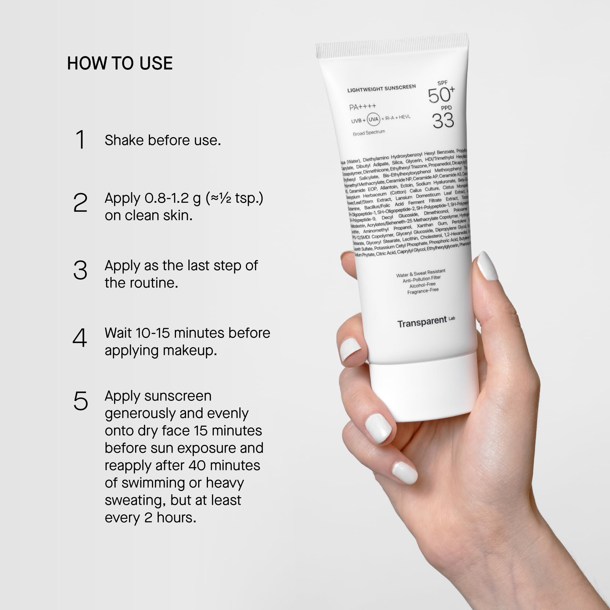 Transparent Lab Lightweight Sunscreen SPF50+ Facial Sunscreen 100ml – UVA/UVB/HEVL Protection, Lightweight Texture, Moisturizing, Anti-aging, No White Cast and Invisible Finish