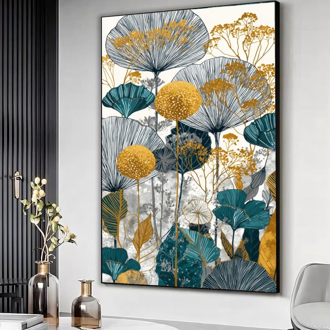 YUSUZHU Botanical Canvas Wall Art, Floral Design, Teal and Gold Leaf Print, Contemporary Nature Canvas, Home Decoration Artwork(80x110cm/Frameless)