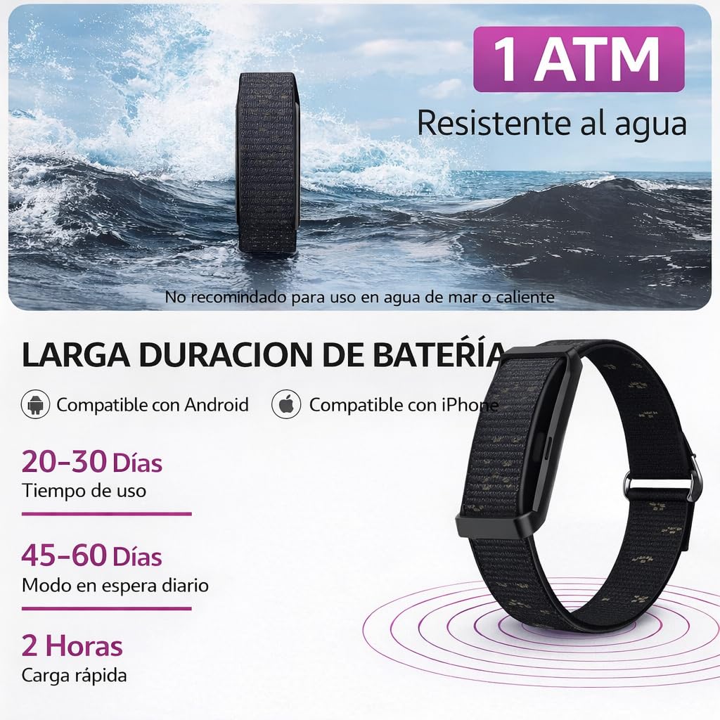 Smart Band, Pulsera Actividad sin Pantalla con GPS, Pulsómetro, SPO₂, Batería +1 Mes de Duración, Monitor Sueño, Notificaciones, Resistente Agua, 2 Correas Negra + Naranja