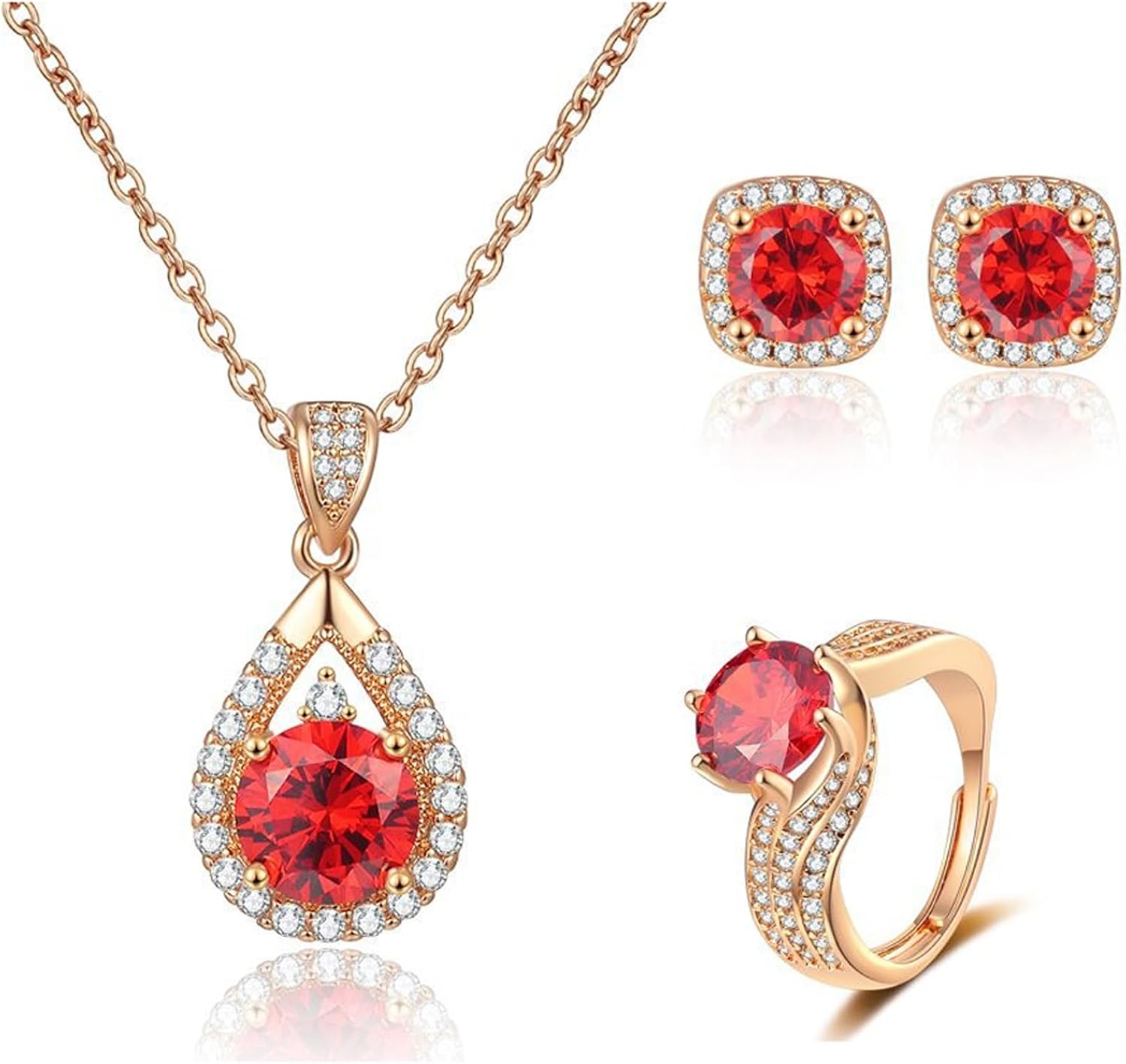 Platinum Plated Brass Jewelry Set for Women Pink Pear Cut Teardrop Pendant Necklace Double Halo Adjustable Open Ring Earrings