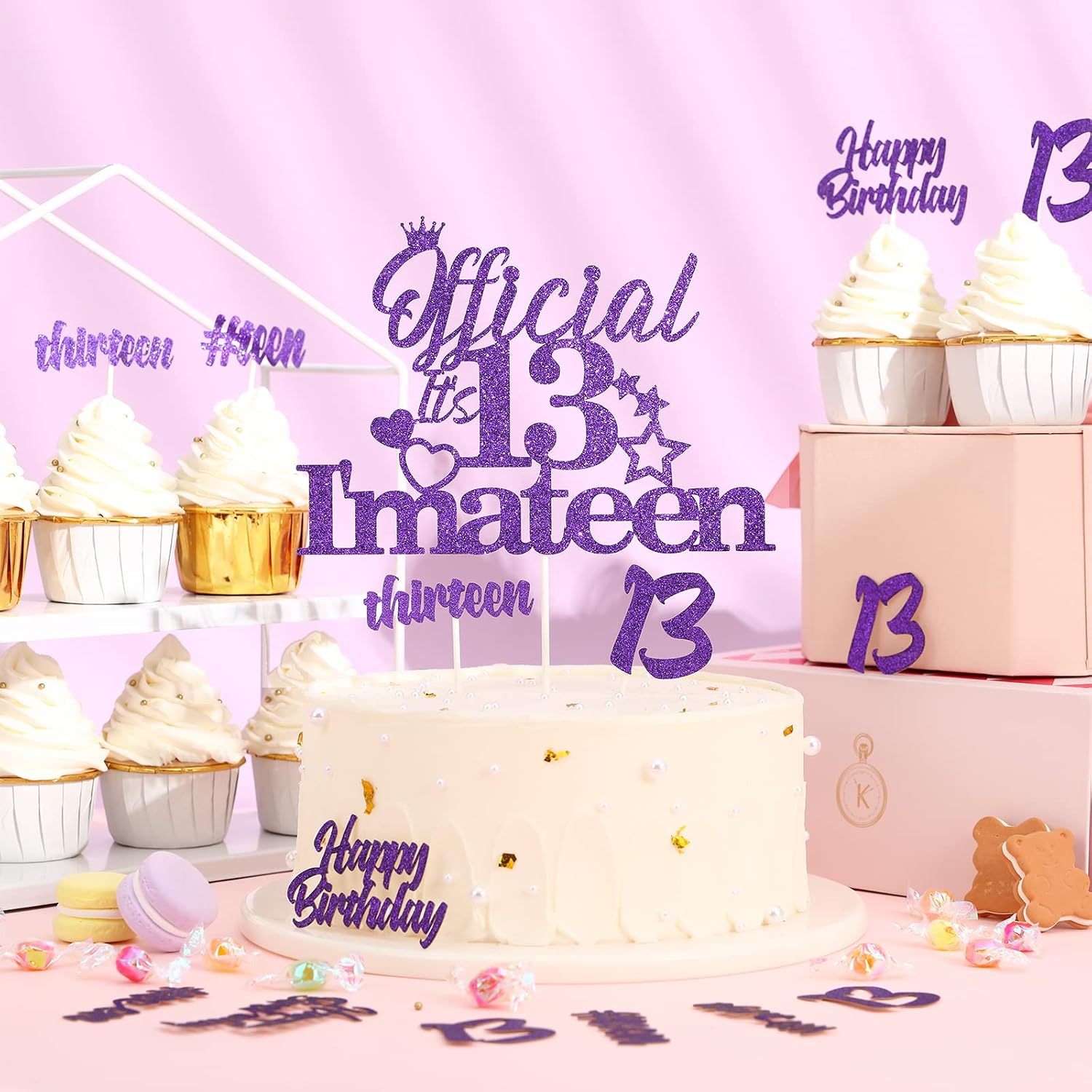 Glitter Purple 13th Cake Decorations - Official 13 I'm a Teen Cake Topper with 24 Pack Cupcake Toppers for Teenager Girl Thirteen Birthday Party Supplies
