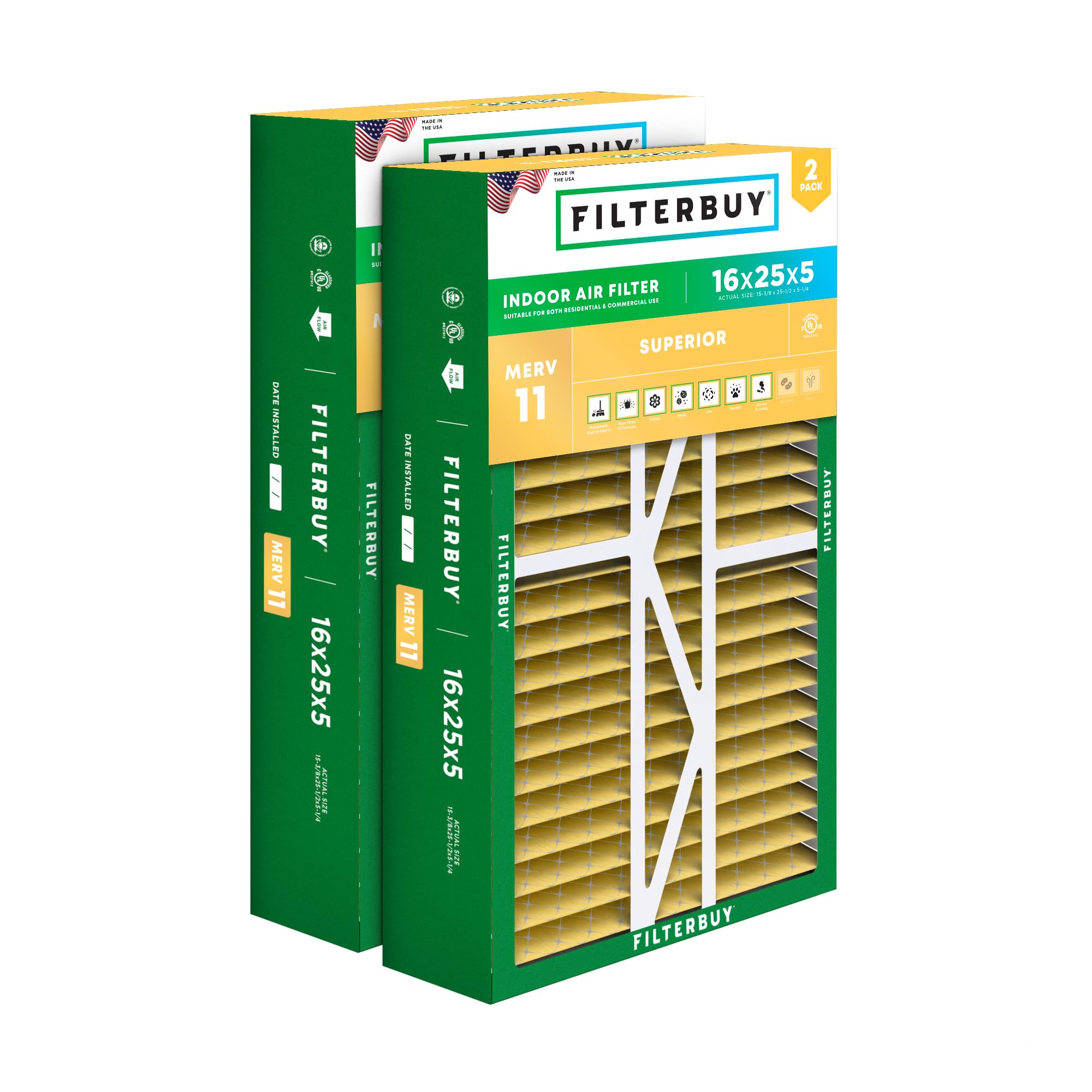 Filterbuy 16x25x5 Air Filter MERV 11 Allergen Defense (2-Pack), Pleated HVAC AC Furnace Air Filters for Amana, Coleman, Goodman, Maytag, York, and More (Actual Size: 15.38 x 25.50 x 5.25 Inches)