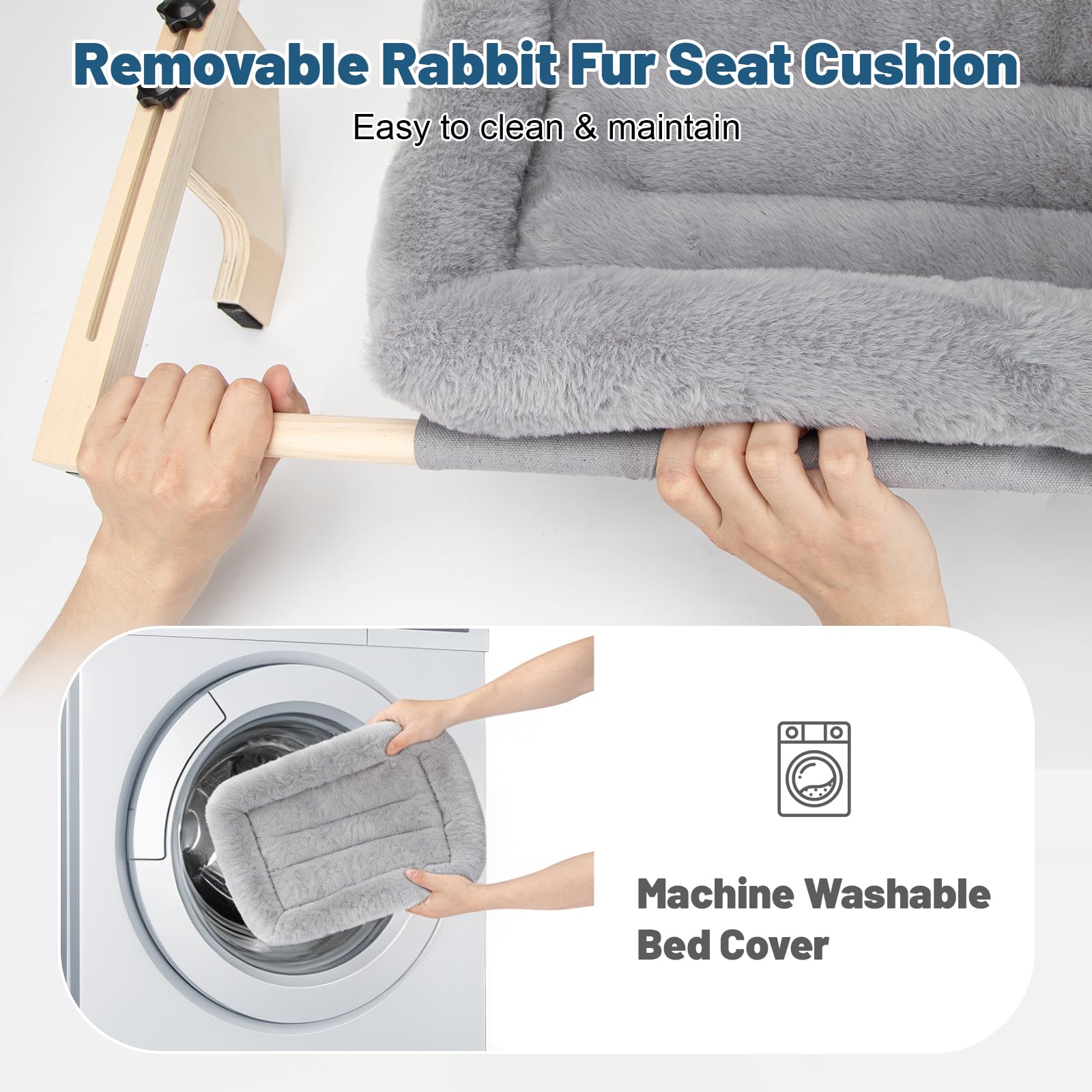 Fensterstange für Katzenschweller, Rahmen aus 100 % natürlichem Kiefernholz, weiches Kaninchenfellkissen, werkzeuglose Anpassung, unterstützt 22,7 kg (groß-grau)