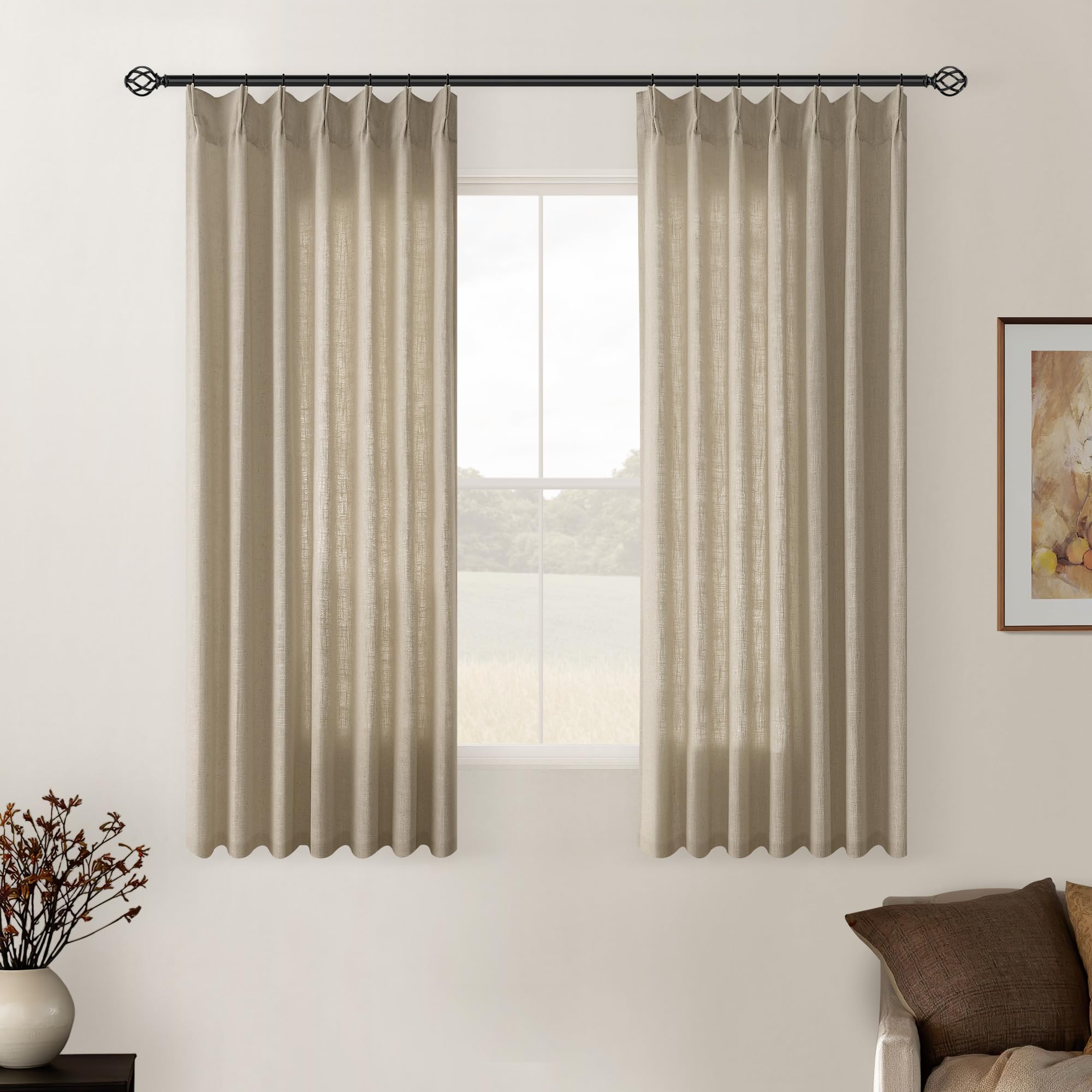 Grey Beige Pinch Pleat Linen Kitchen Curtains 45 Inches Long 2 Panels