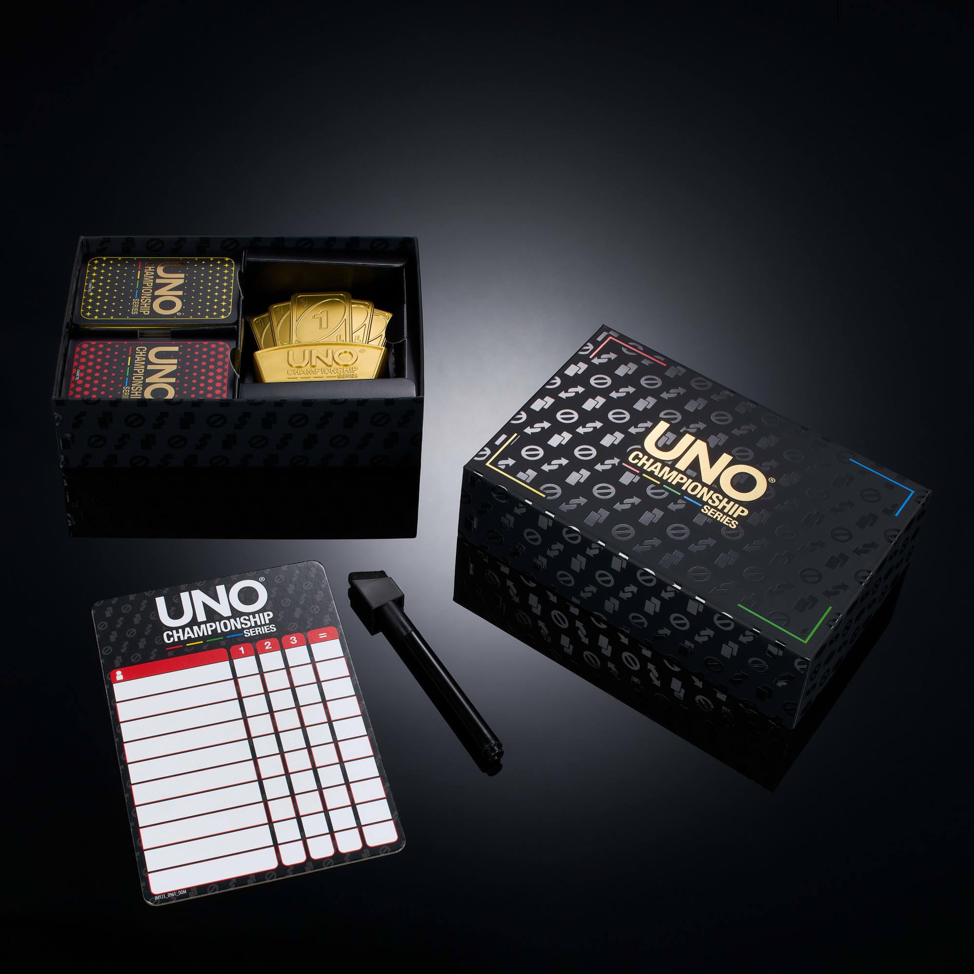 Mattel Games UNO Championship-Reihe Turnier-Set Kartenspiel | Enthält Spiel, Spielstandtafeln, Marker & Trophäe für große Gruppen, Parys, Spielabend, für 6–20 Spieler, ab 7 Jahren, JMY23