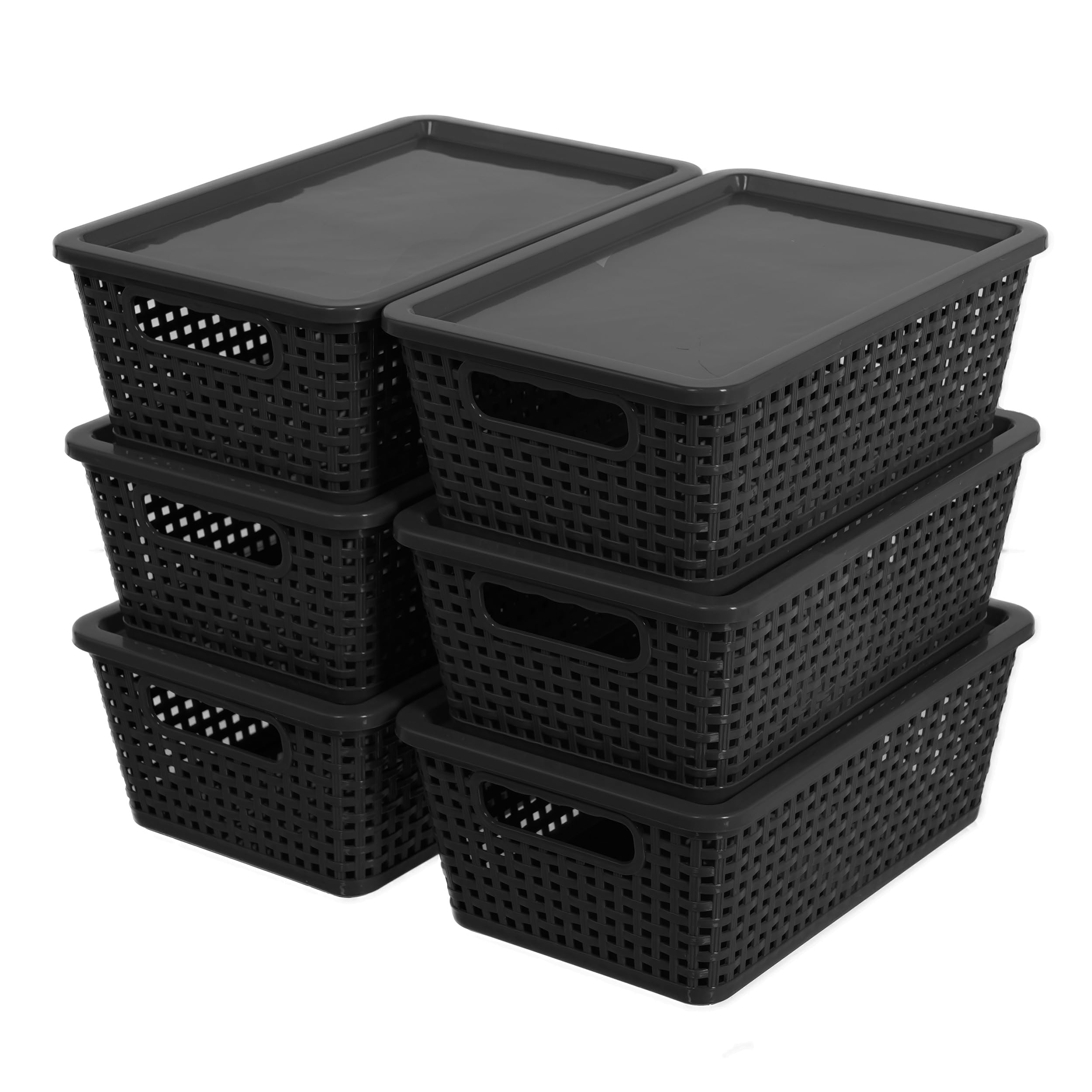 Citylife Set of 6 Pack Plastic Storage Baskets With Lid, Storage Basket for Organizing,Stackable Storage Containers Bins Boxes for Kitchen Bathroom Desktop Closet Classroom Office,Black