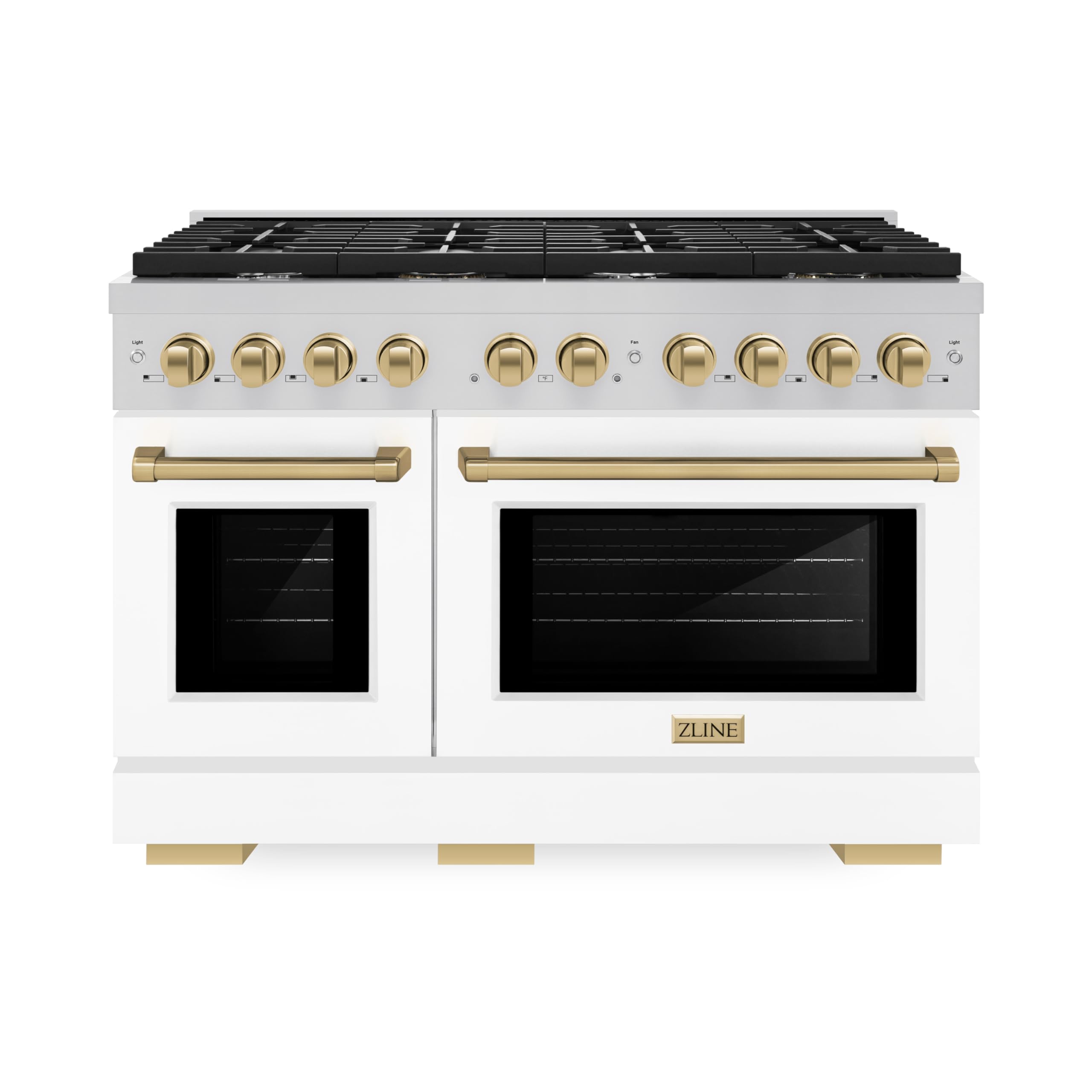 ZLINE Autograph Edition 48 in. 6.7 cu. ft. Paramount Double Oven Dual Fuel Range with 8 Burner Gas Cooktop in Stainless Steel with White Matte Door and Champagne Bronze Accents (SDRZ-WM-48-CB)