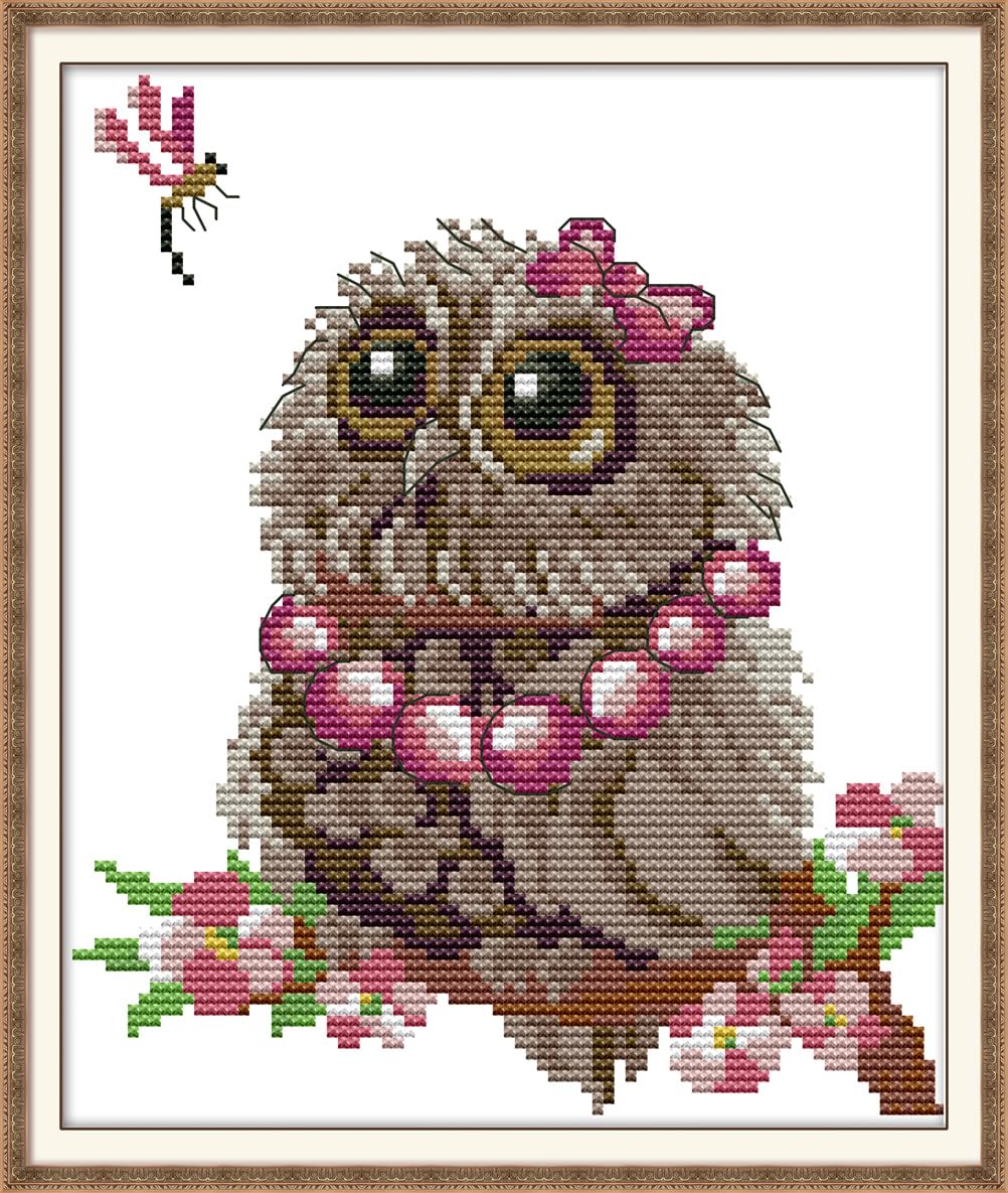 Meecaa Cross Stitch Kits 14 Count Stamped, Owl Dragonfly Embroidery Kit with Accessories Pre Printed（19×22CM (Owl 7)
