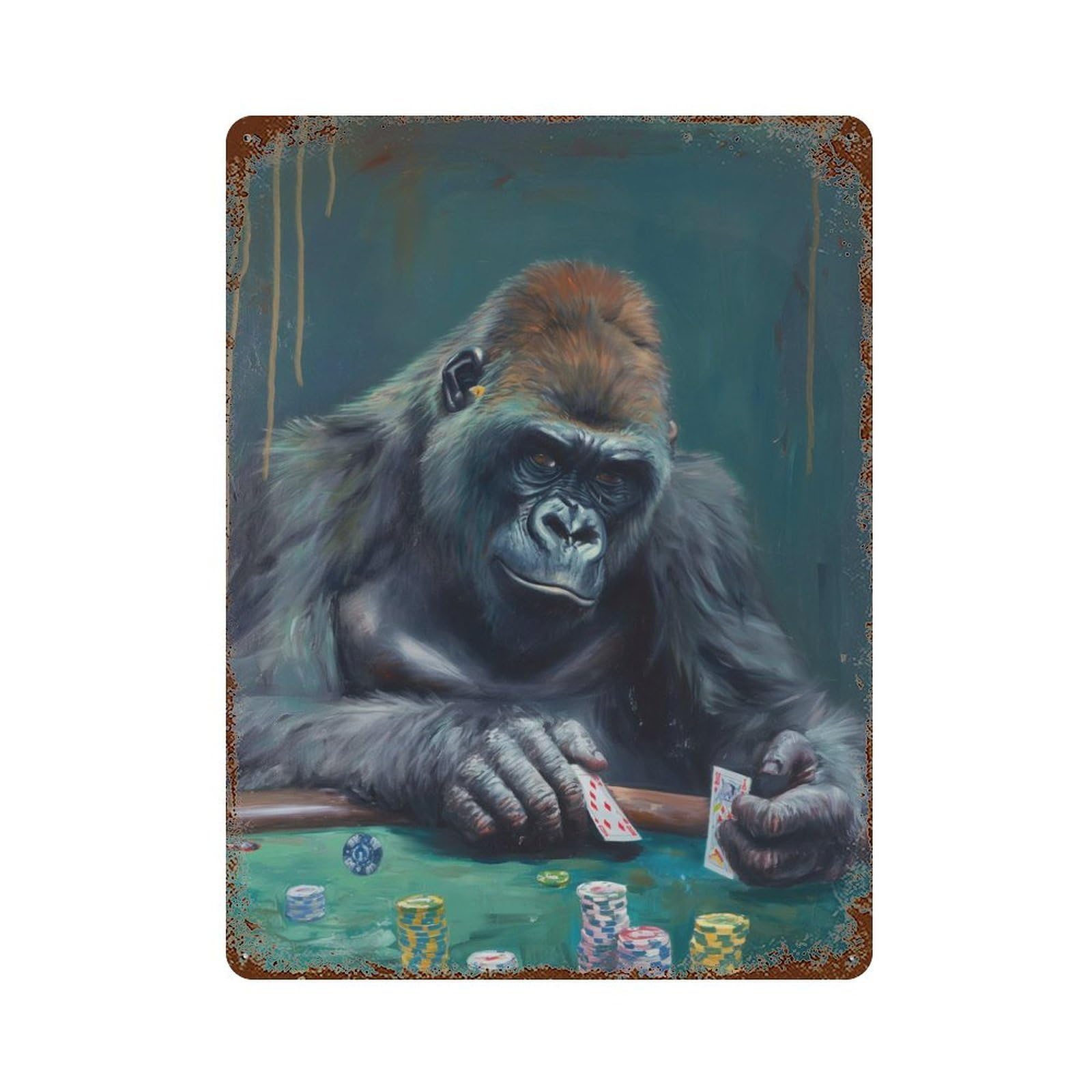 Gorilla Playing Poker Game Rusty Metal Tin Sign 15.7"x11.8", Shabby Chic Decor for Garage, Bar And Workshop Decor