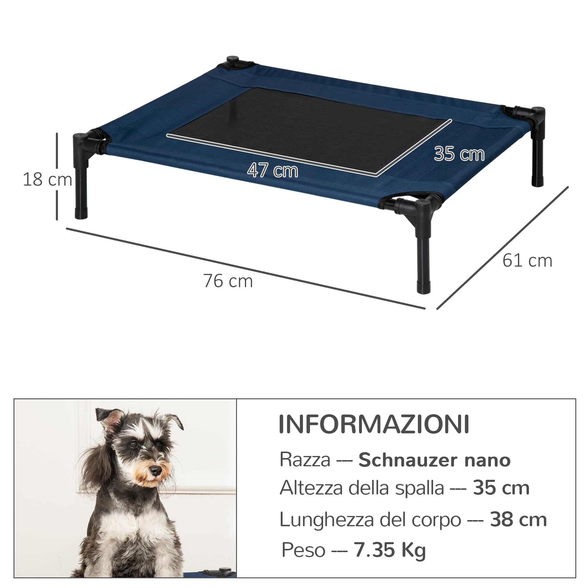 PawHut Letto Rialzato per Cani, Cuccia da Viaggio Animali Domestici fino 20kg, Campeggio, Impermeabile - 76x61x18cm