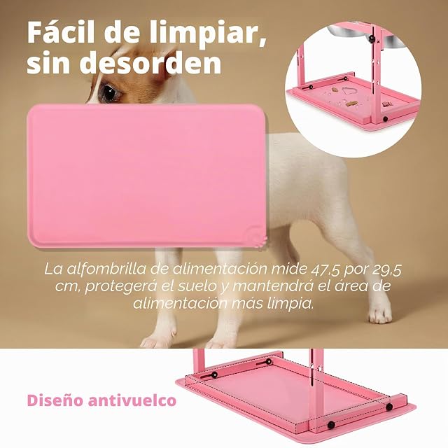 Foto 6 de 6 de Soporte elevado rosa para cuencos y perros con comederos lentos y tapete a prueba de derrames