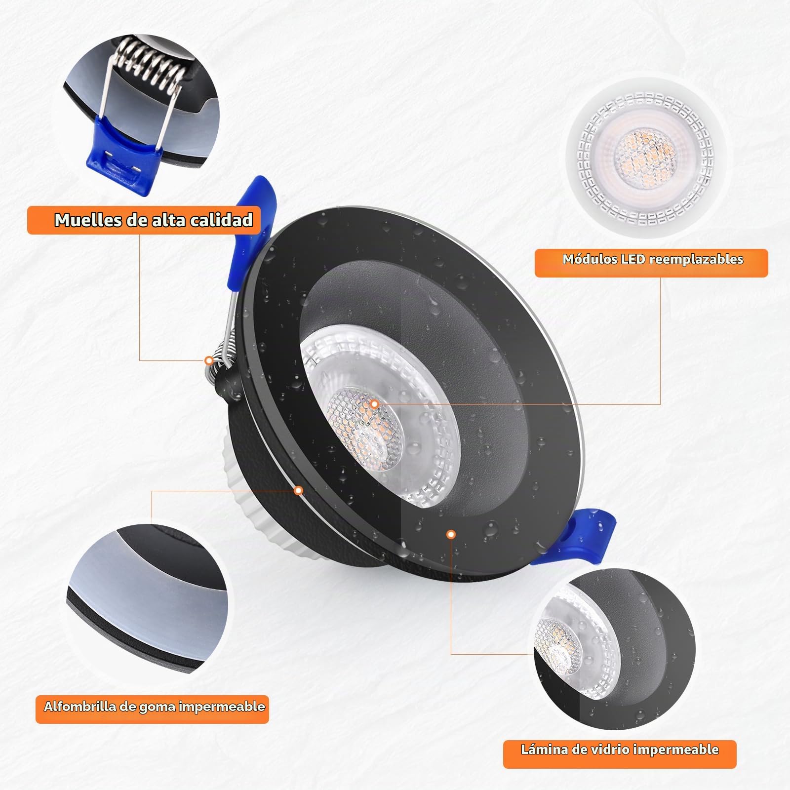 KYOTECH Foco LED Empotrable 230V 5W IP65 68-75 mm 3000K 6PCS Negro | 500LM Downlight LED Techo Empotrable Luz Blanca Cálida para Baño Cocina Salón