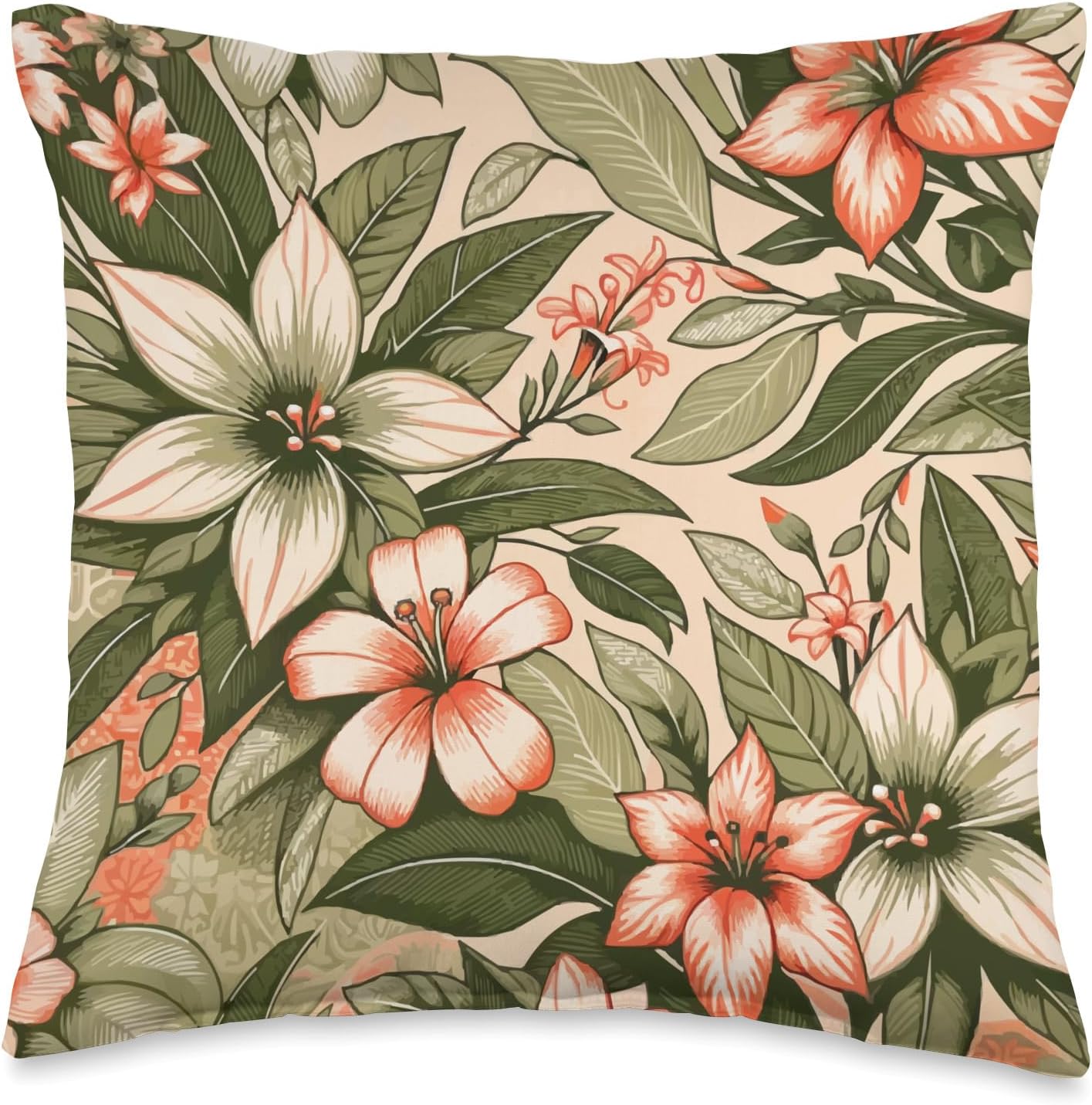 Floral Nature Vibrant Flower Peach Coral and Green Throw Pillow