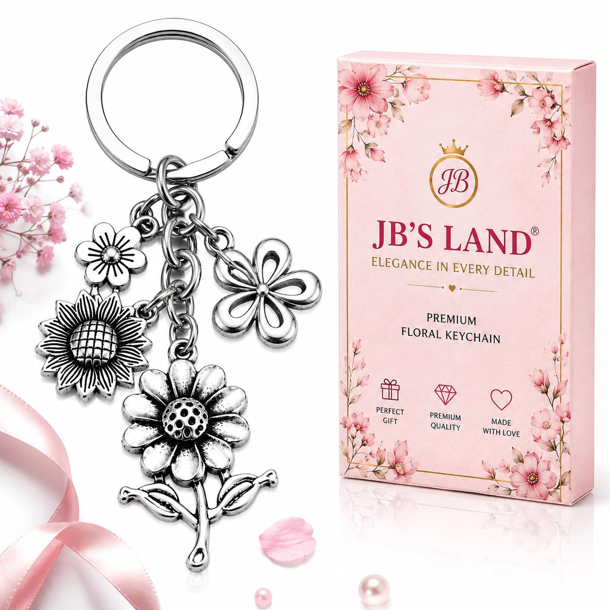 JB'S LAND Floral Charm Keychain Vintage Flower Metal Key Ring for Women